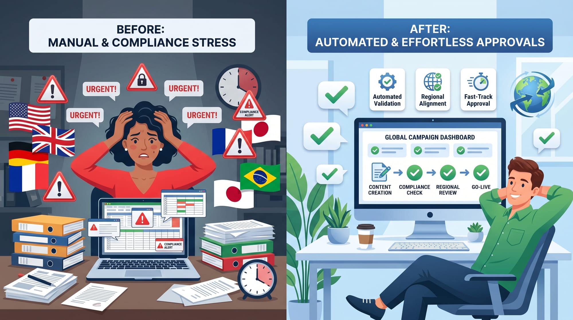 A split-screen B2B SaaS illustration showing a stressed marketer surrounded by different country fla