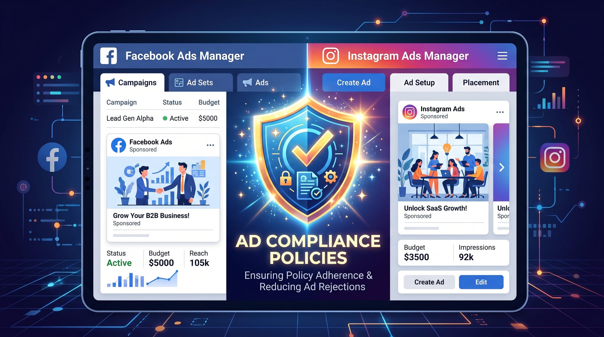 A professional B2B SaaS illustration showing a split screen of Facebook and Instagram interfaces wit