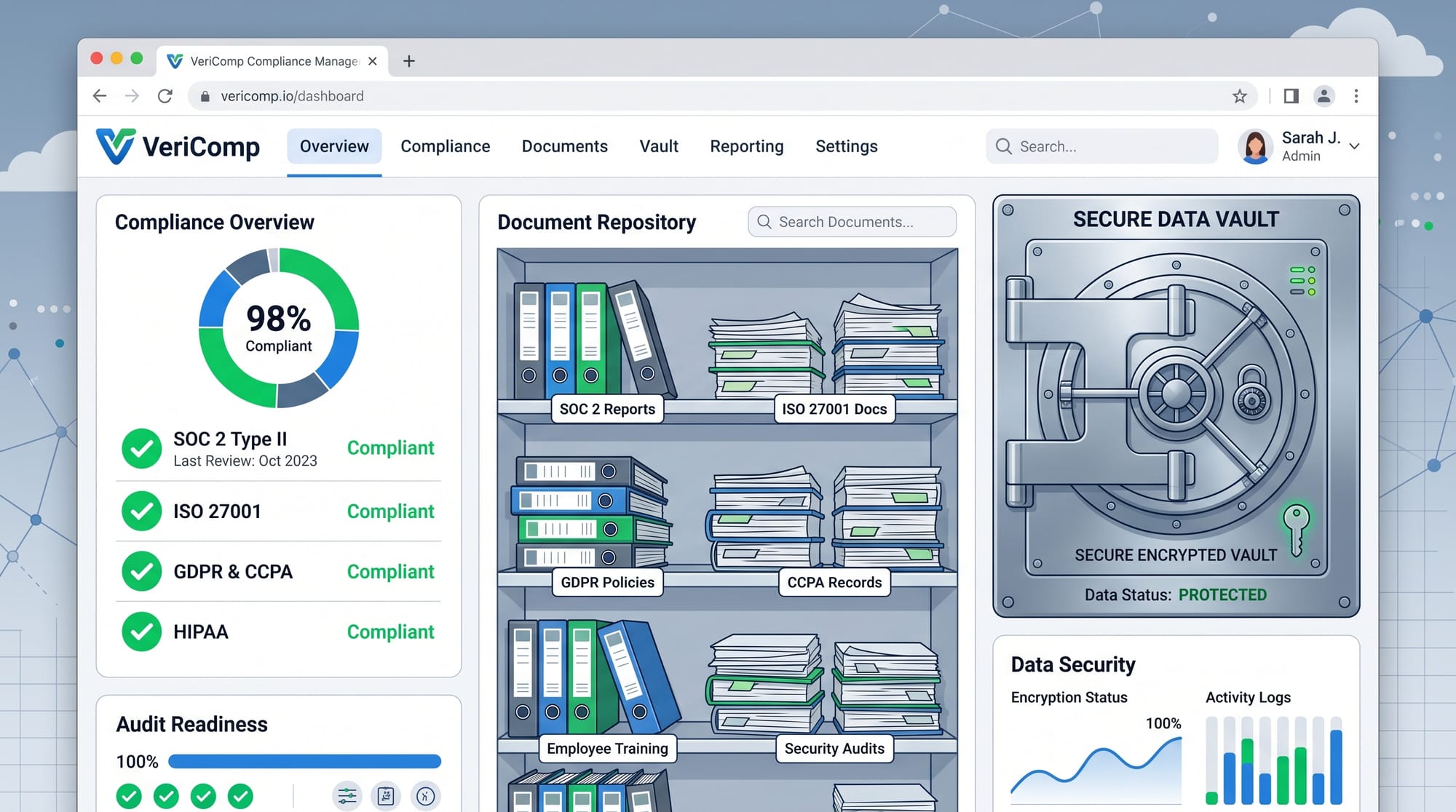 Professional B2B SaaS illustration of a clean, organized digital dashboard showing green checkmarks,