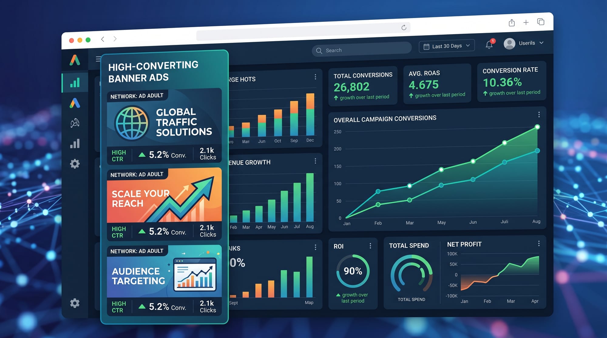 A professional B2B SaaS style illustration showing a sleek analytics dashboard with high-converting 