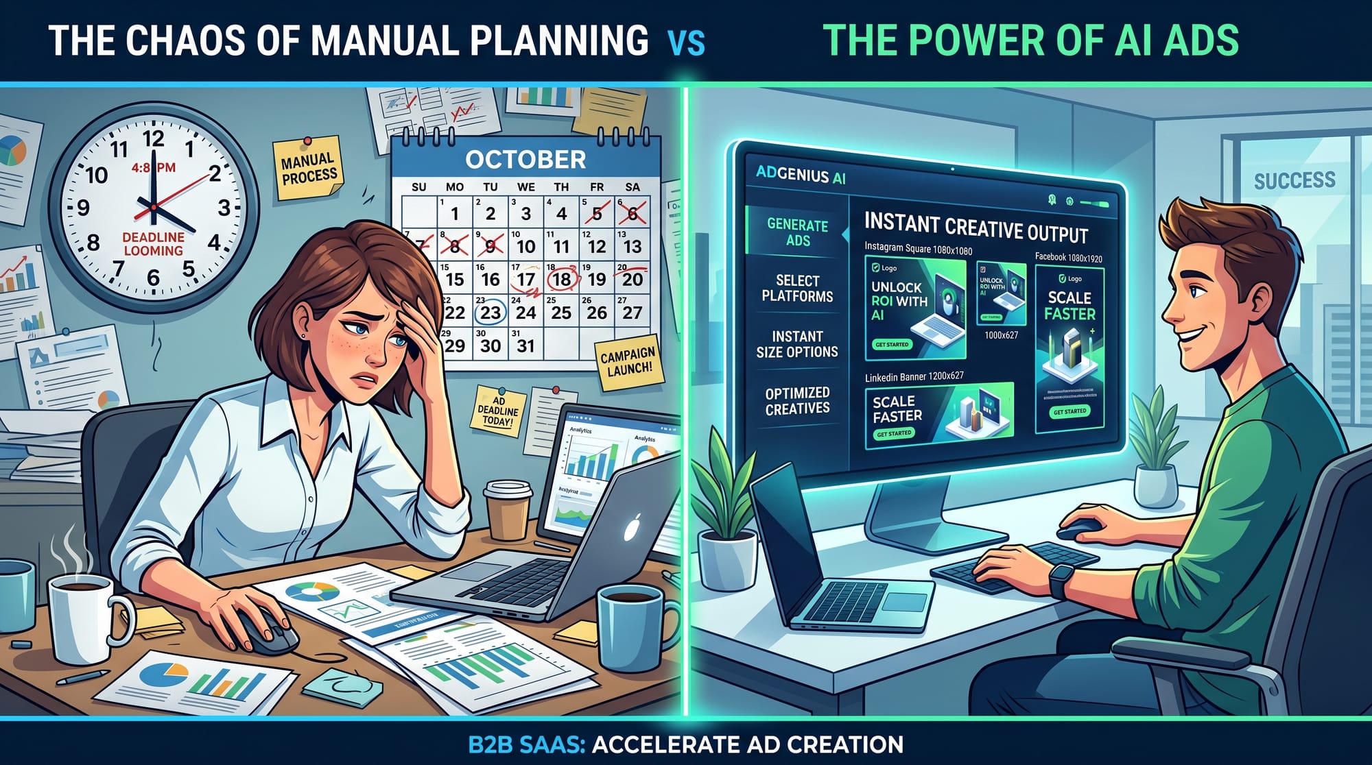 A professional B2B SaaS style illustration showing a split screen: on the left, a frustrated markete