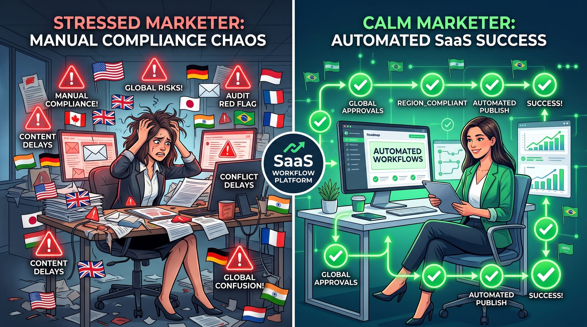 A split-screen B2B SaaS illustration showing a stressed marketer surrounded by different country fla