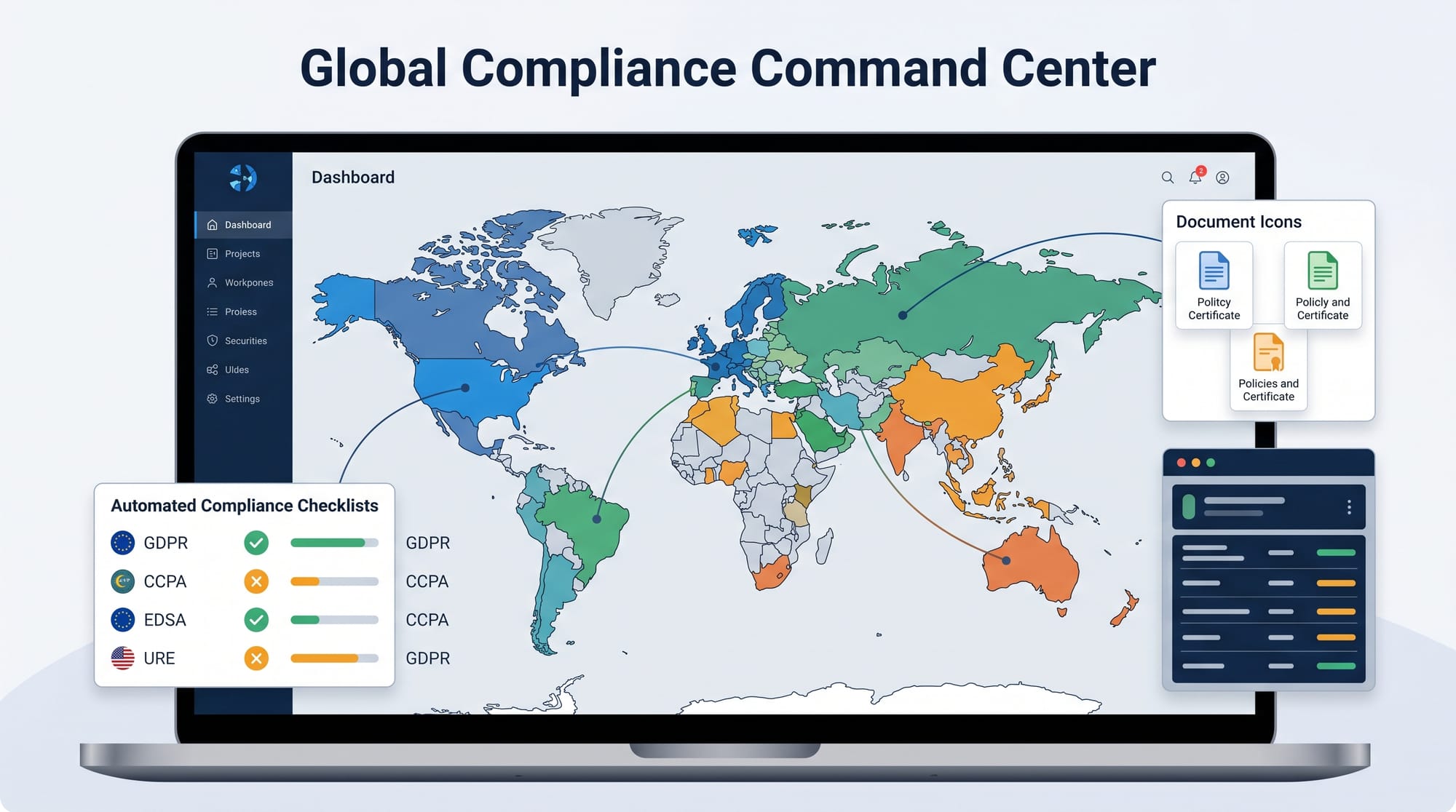 A sleek B2B SaaS illustration of a digital dashboard displaying a world map, with different regions 