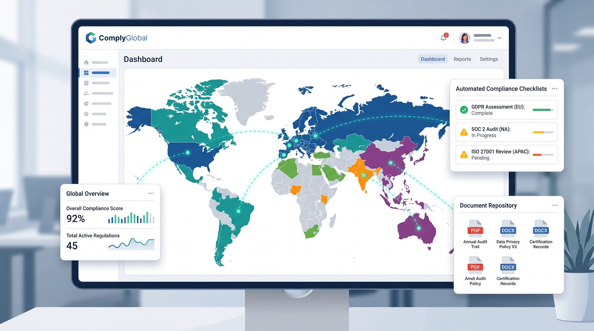 A sleek B2B SaaS illustration of a digital dashboard displaying a world map, with different regions 