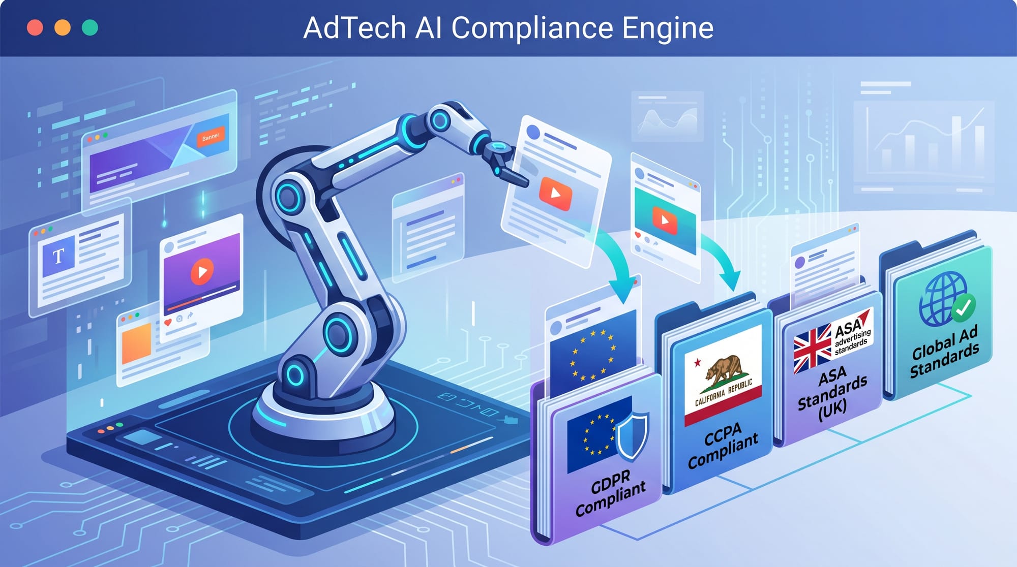 A modern B2B SaaS illustration showing a robotic AI arm seamlessly sorting digital ad creatives into