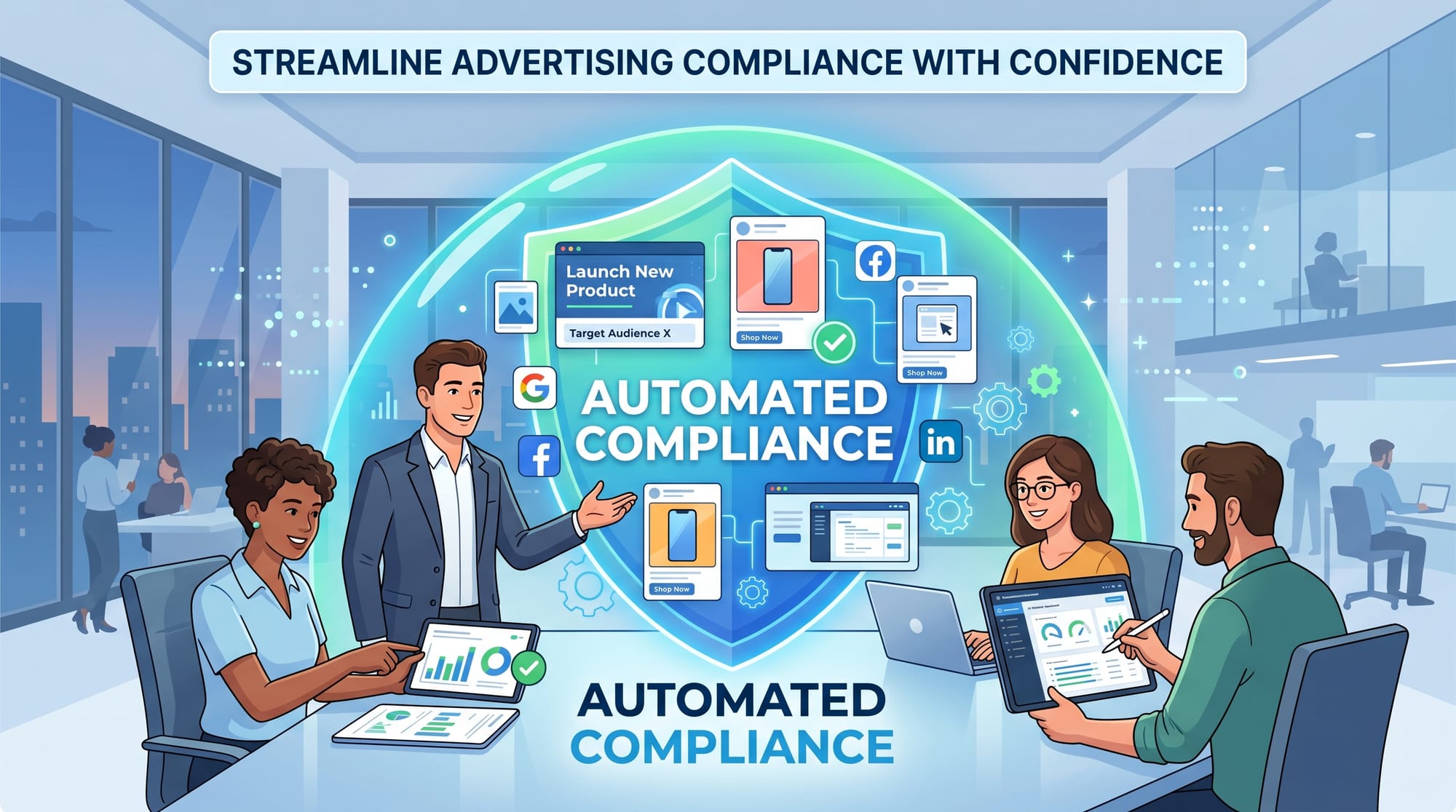 Professional B2B SaaS illustration of a team collaborating smoothly around a glowing protective shie