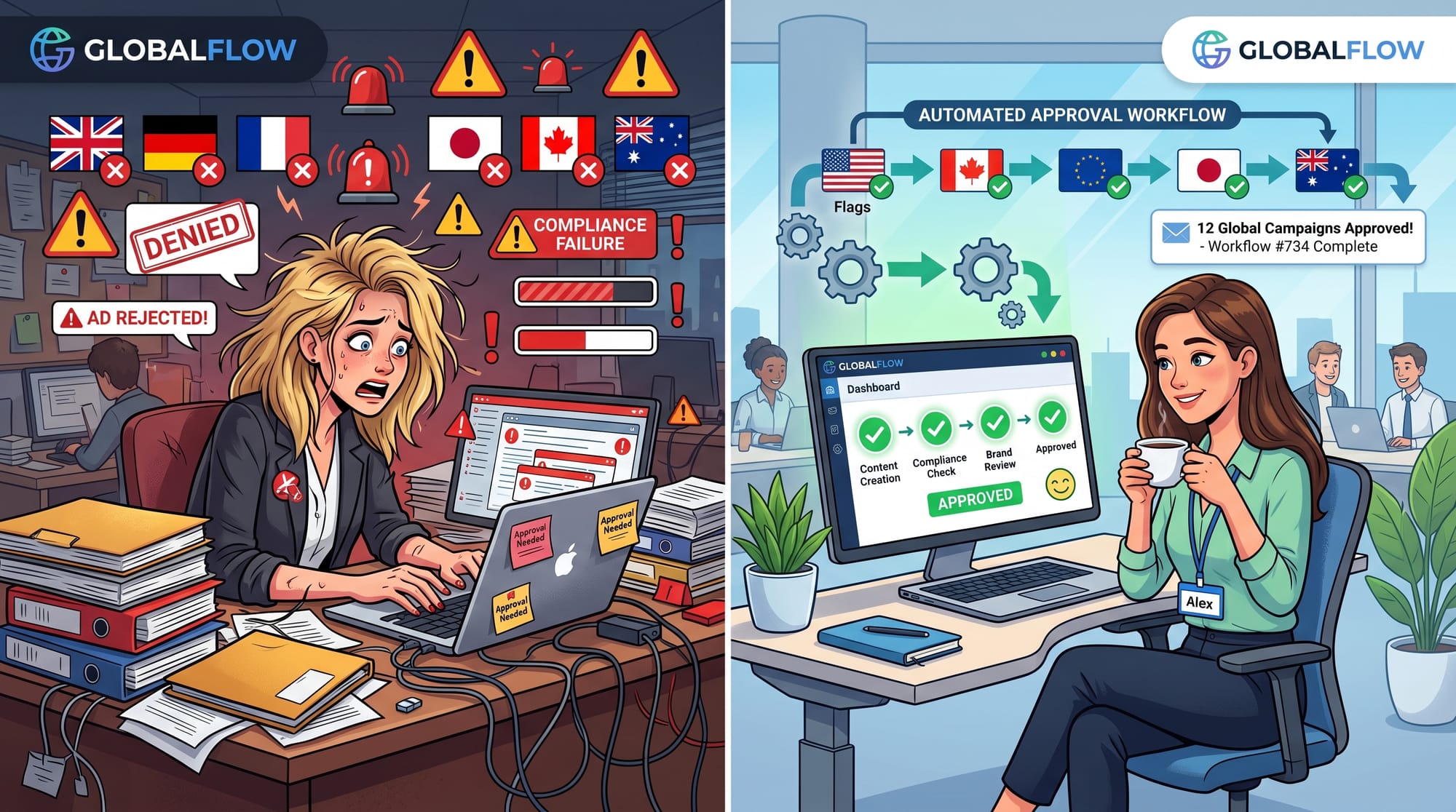 A split-screen B2B SaaS illustration showing a stressed marketer surrounded by different country fla