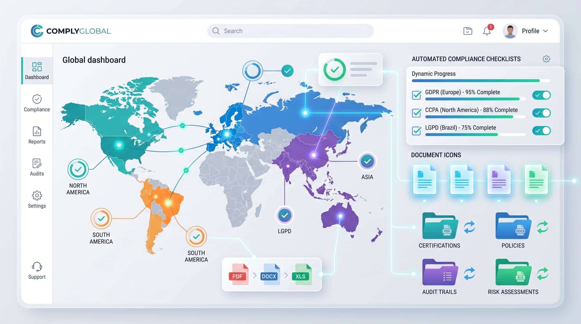 A sleek B2B SaaS illustration of a digital dashboard displaying a world map, with different regions 