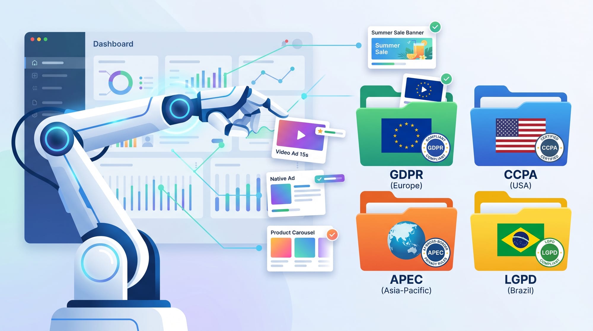 A modern B2B SaaS illustration showing a robotic AI arm seamlessly sorting digital ad creatives into