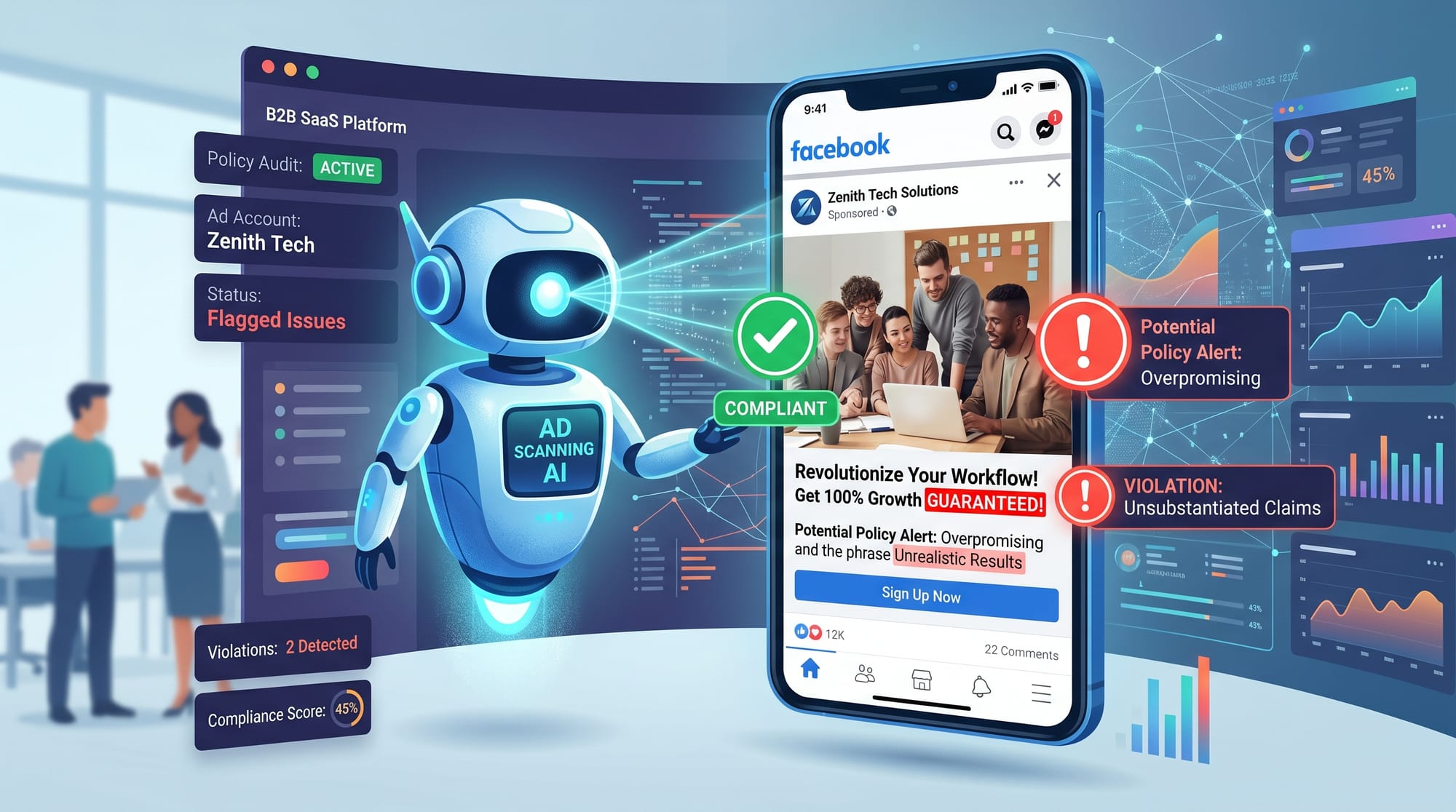 A professional B2B SaaS illustration of an AI bot scanning a social media ad creative, highlighting 