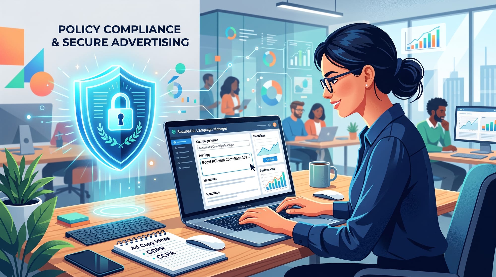 A professional B2B SaaS illustration showing a marketer typing ad copy on a laptop, with a glowing s