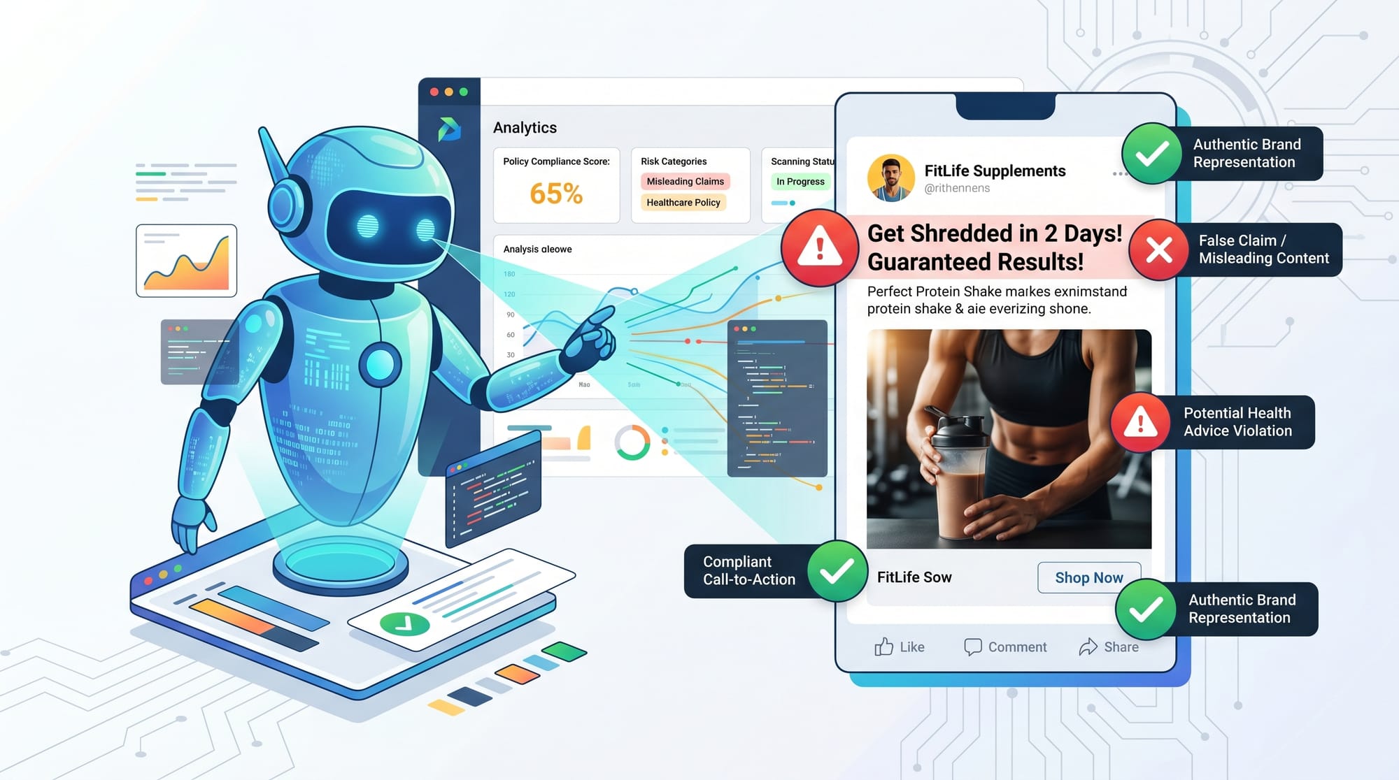 A professional B2B SaaS illustration of an AI bot scanning a social media ad creative, highlighting 