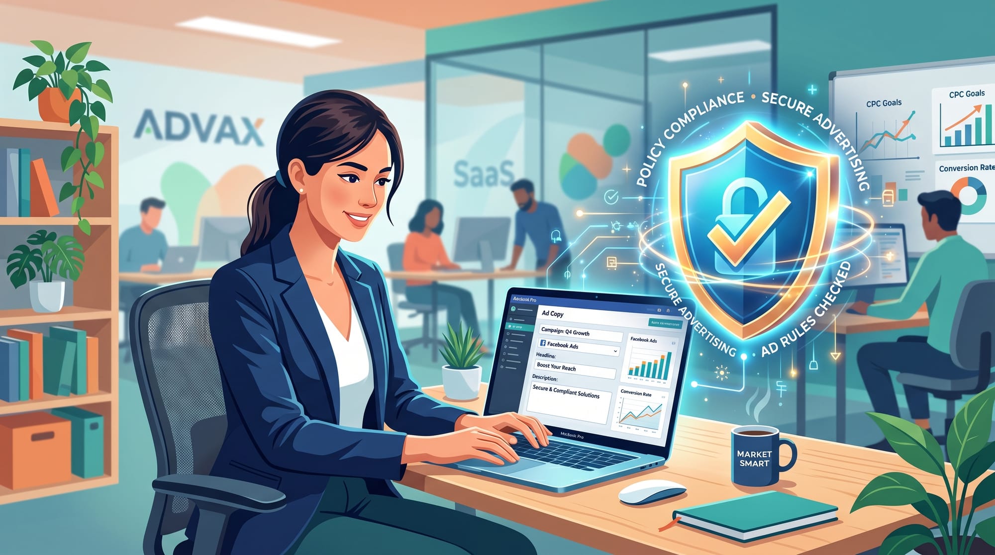 A professional B2B SaaS illustration showing a marketer typing ad copy on a laptop, with a glowing s