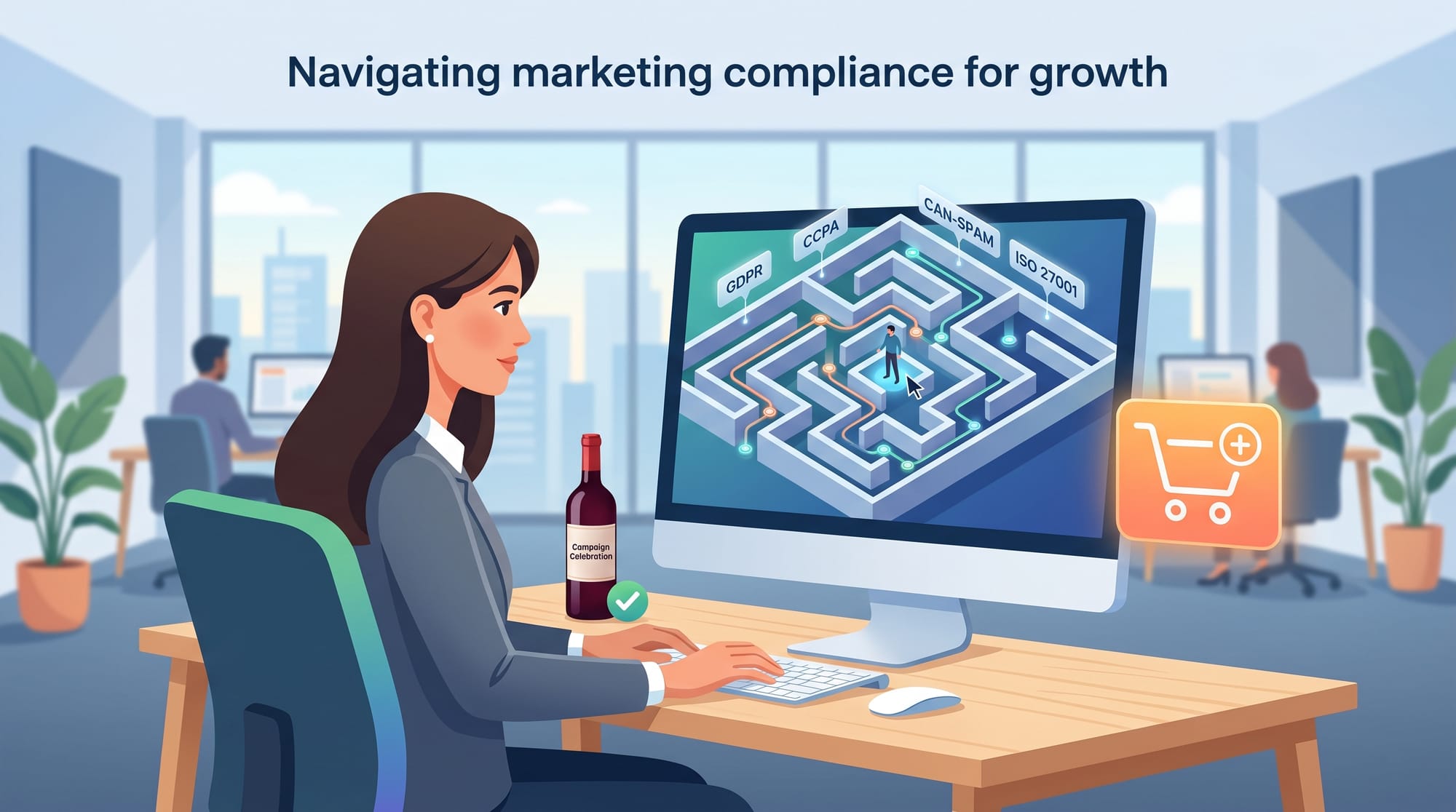 A professional B2B SaaS illustration showing a marketer looking at a computer screen with a maze or 