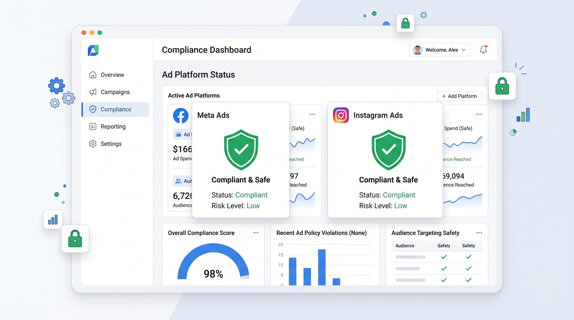 A professional B2B SaaS illustration of a dashboard showing social media icons like Meta and Instagr
