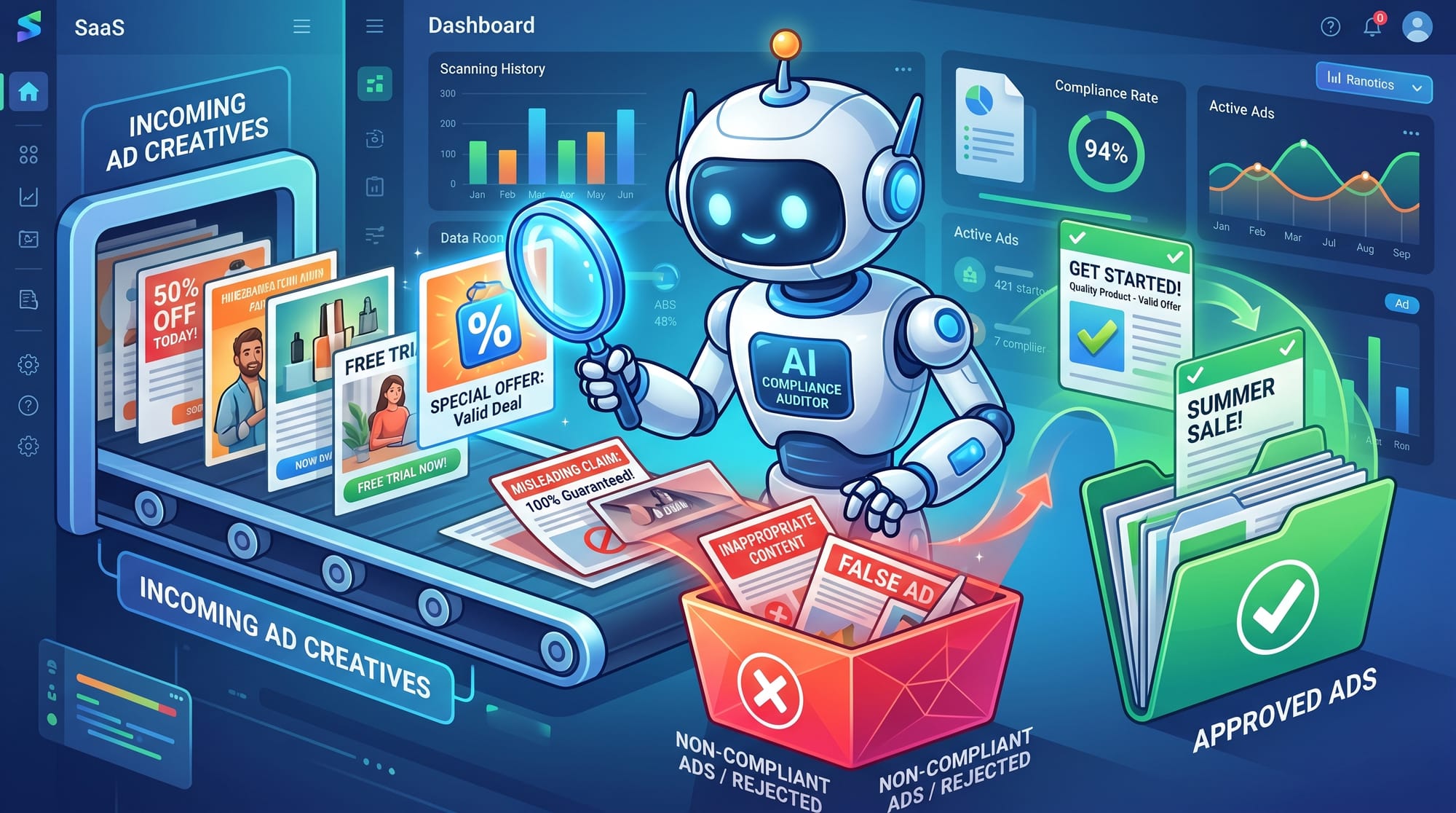 A professional B2B SaaS illustration showing an AI robot scanning ad creatives (images and text) wit
