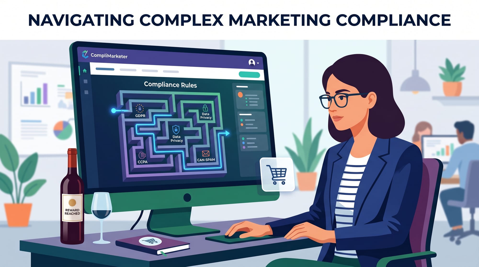 A professional B2B SaaS illustration showing a marketer looking at a computer screen with a maze or 