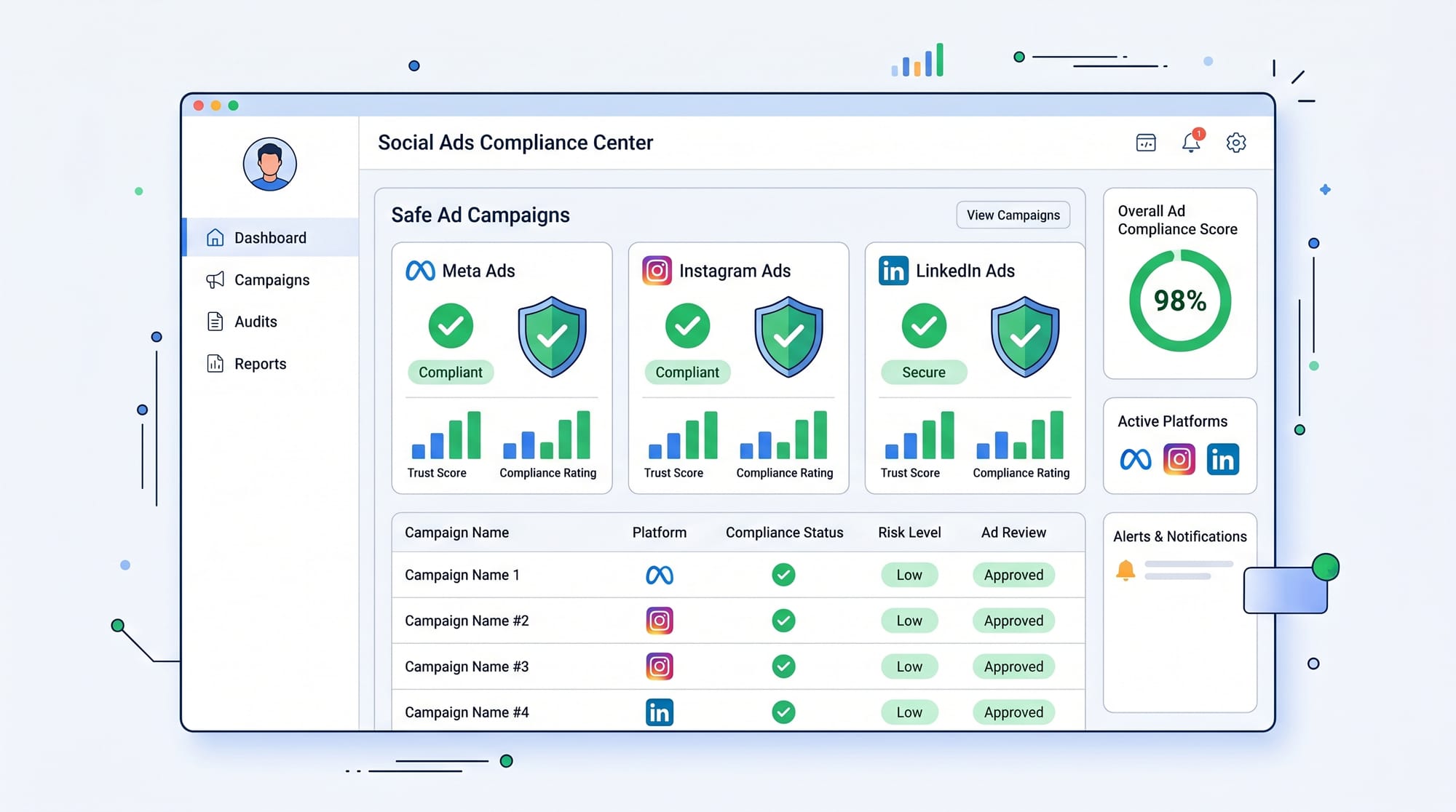 A professional B2B SaaS illustration of a dashboard showing social media icons like Meta and Instagr