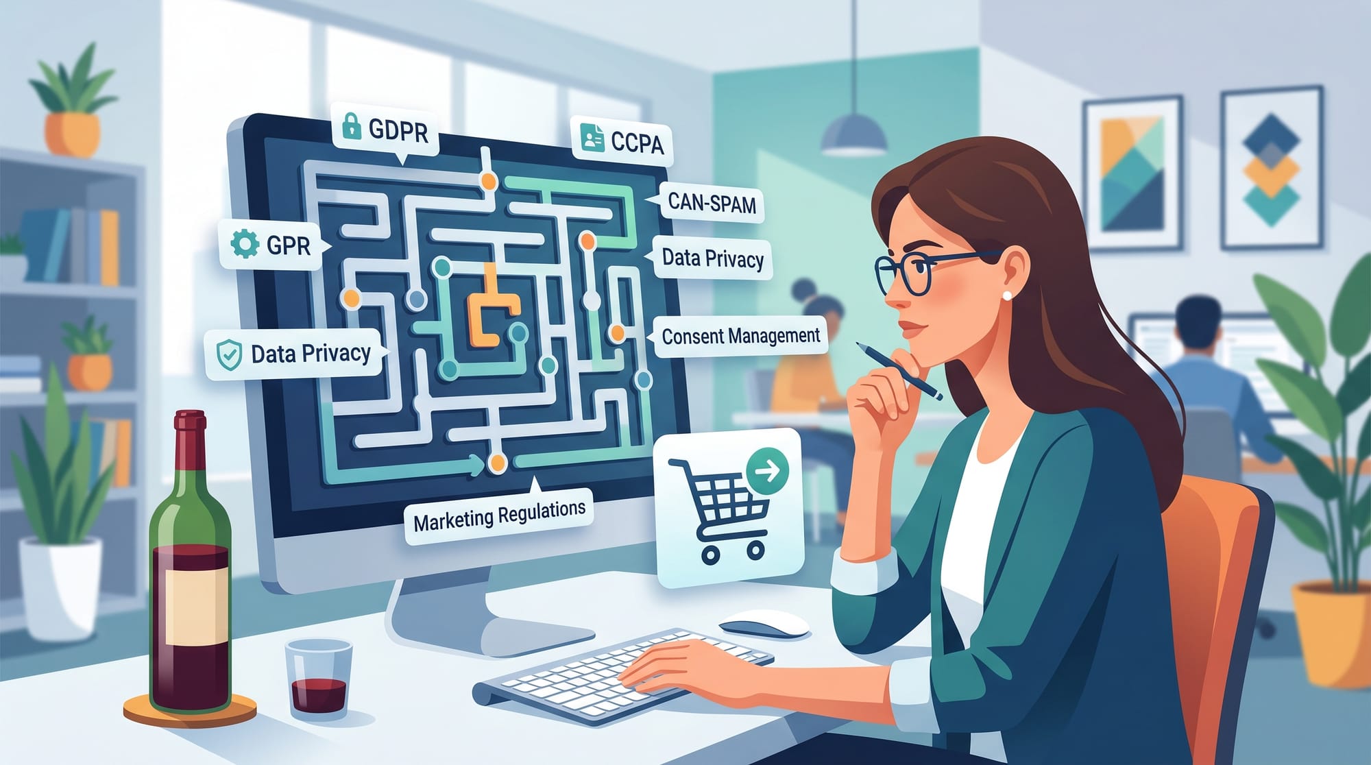 A professional B2B SaaS illustration showing a marketer looking at a computer screen with a maze or 