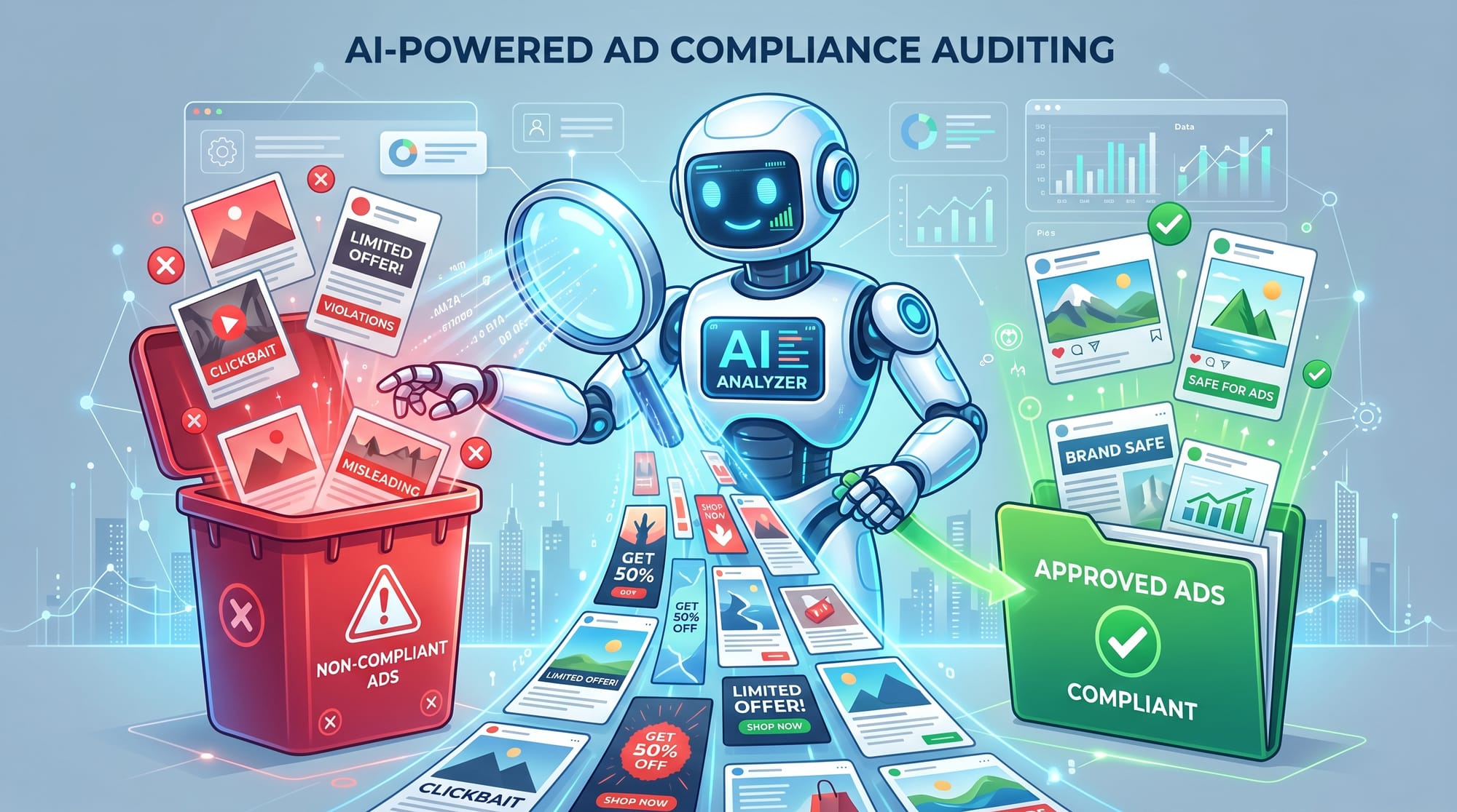 A professional B2B SaaS illustration showing an AI robot scanning ad creatives (images and text) wit