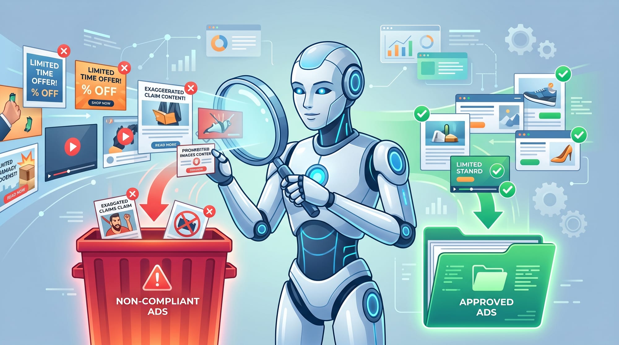 A professional B2B SaaS illustration showing an AI robot scanning ad creatives (images and text) wit
