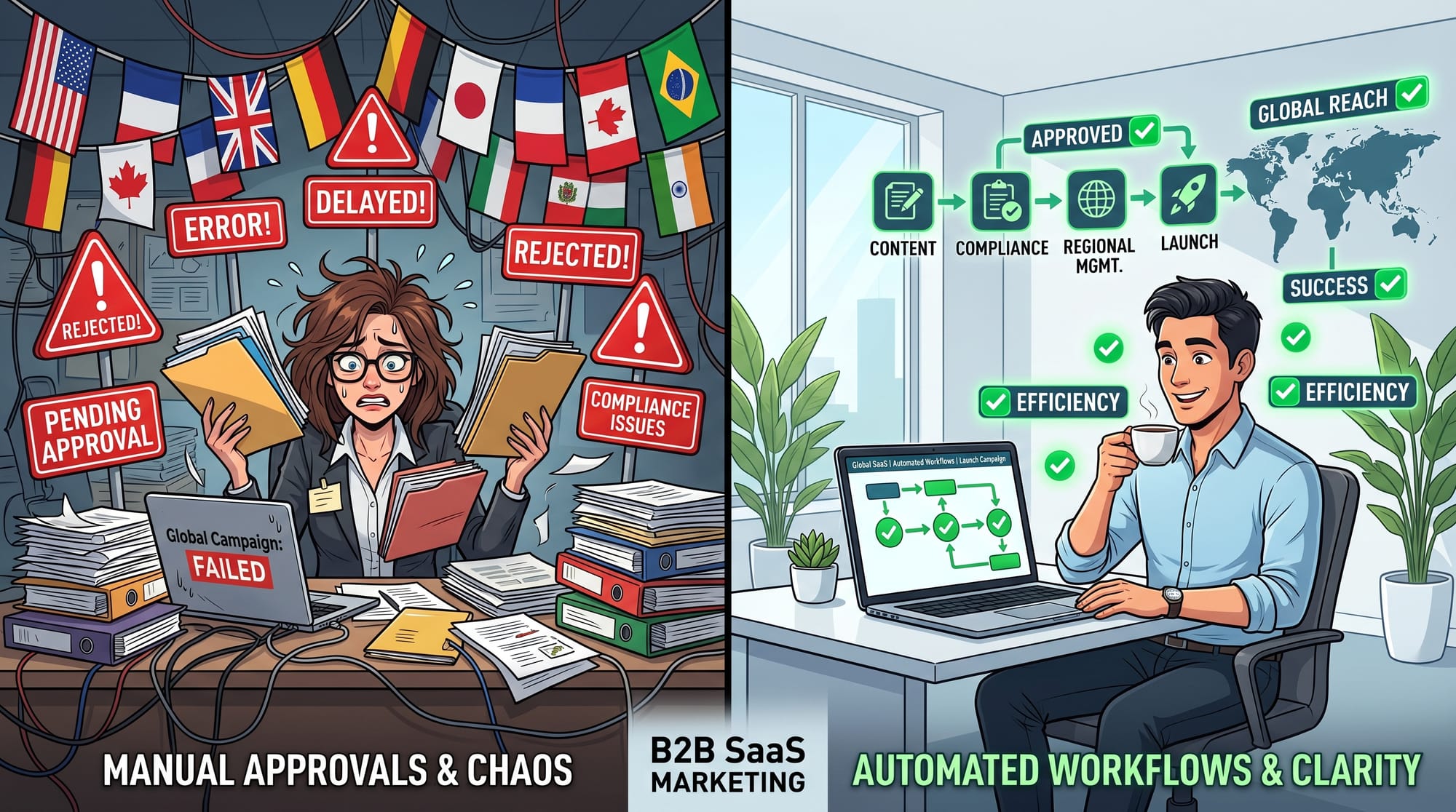 A split-screen B2B SaaS illustration showing a stressed marketer surrounded by different country fla