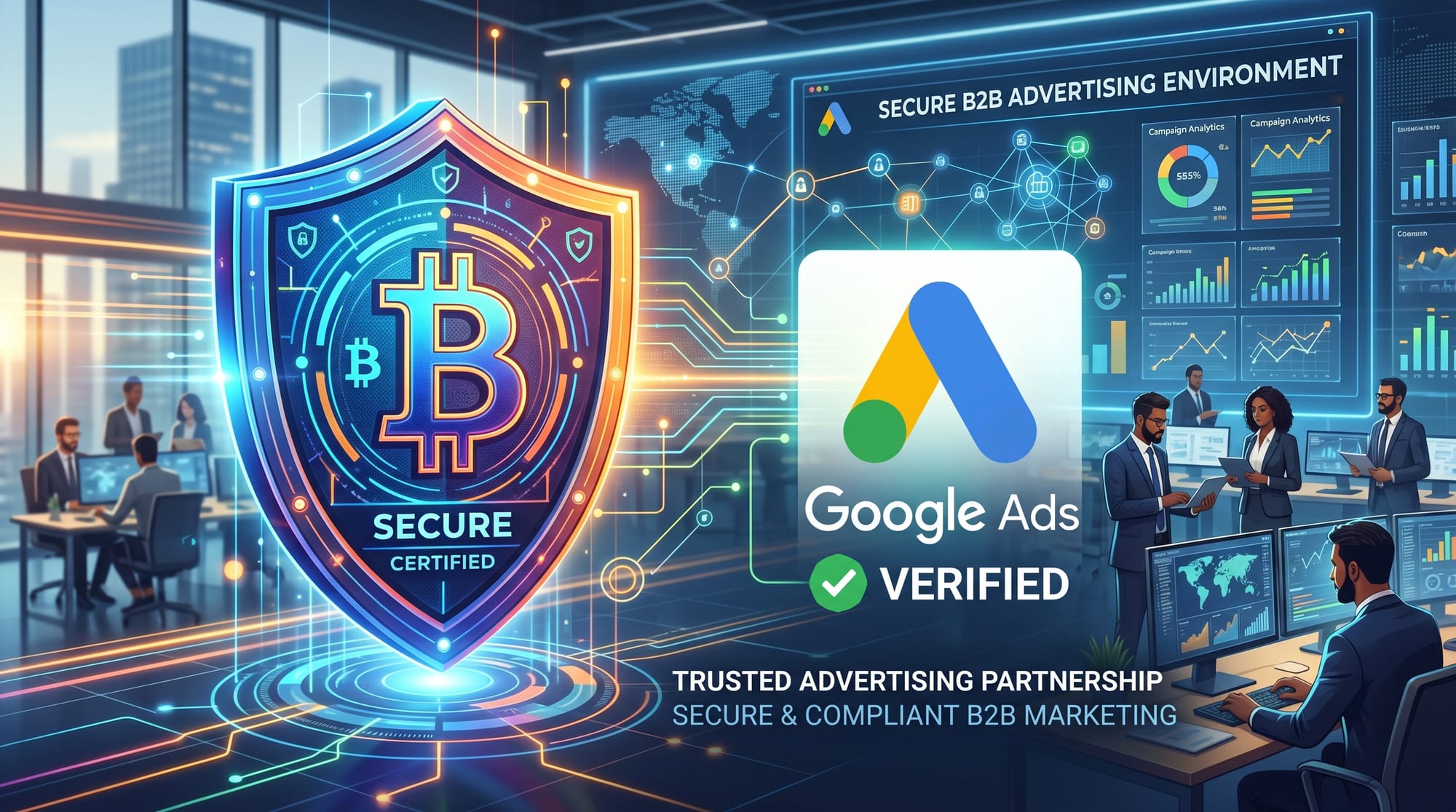 A professional B2B illustration showing a digital shield with a Bitcoin symbol on it, placed next to