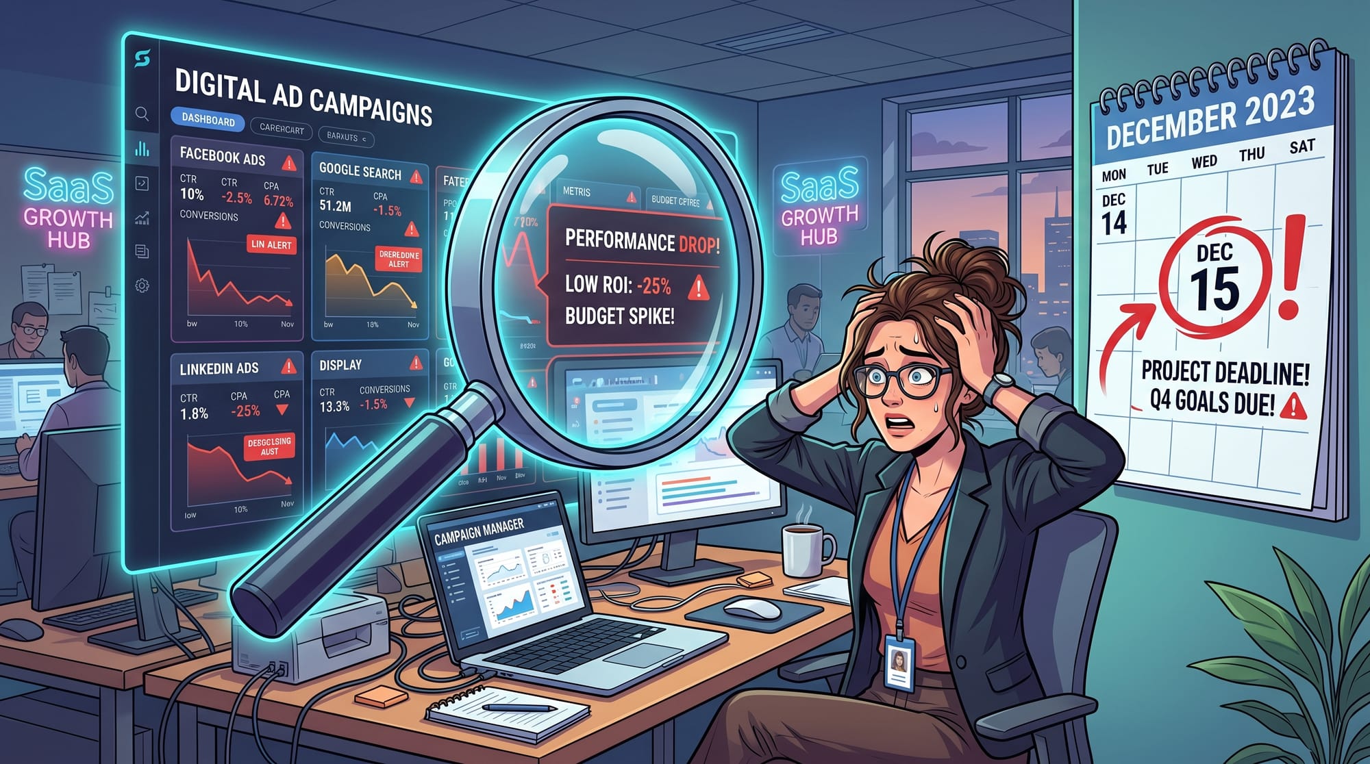 Professional B2B SaaS illustration of a stressed marketer looking at a giant magnifying glass hoveri