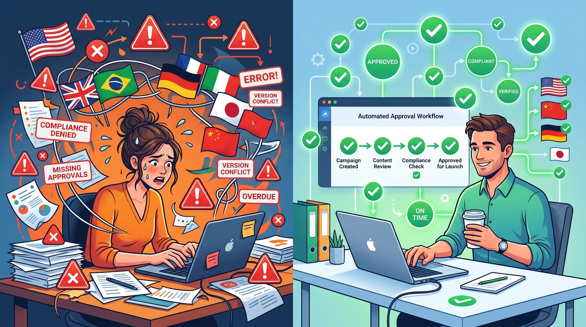 A split-screen B2B SaaS illustration showing a stressed marketer surrounded by different country fla