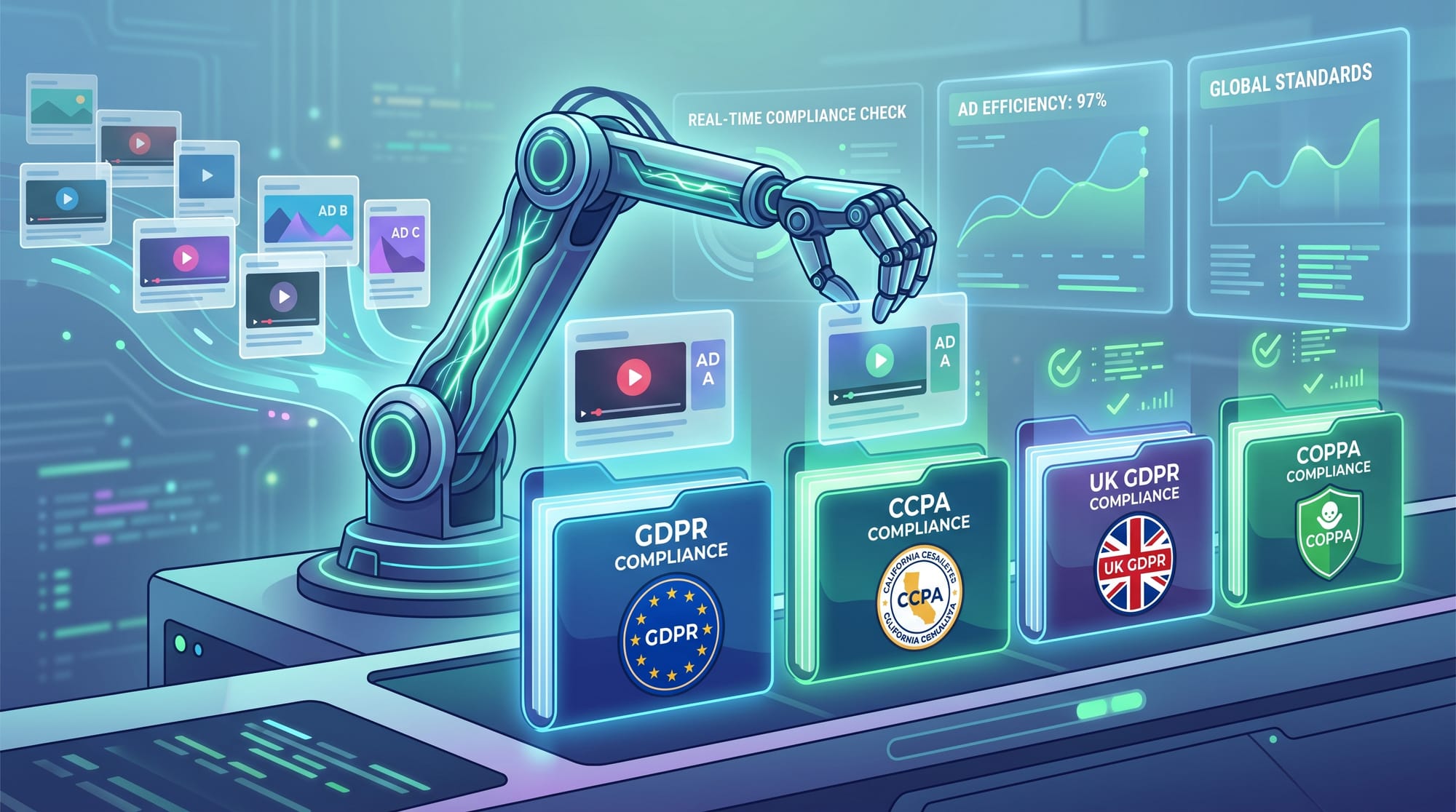 A modern B2B SaaS illustration showing a robotic AI arm seamlessly sorting digital ad creatives into