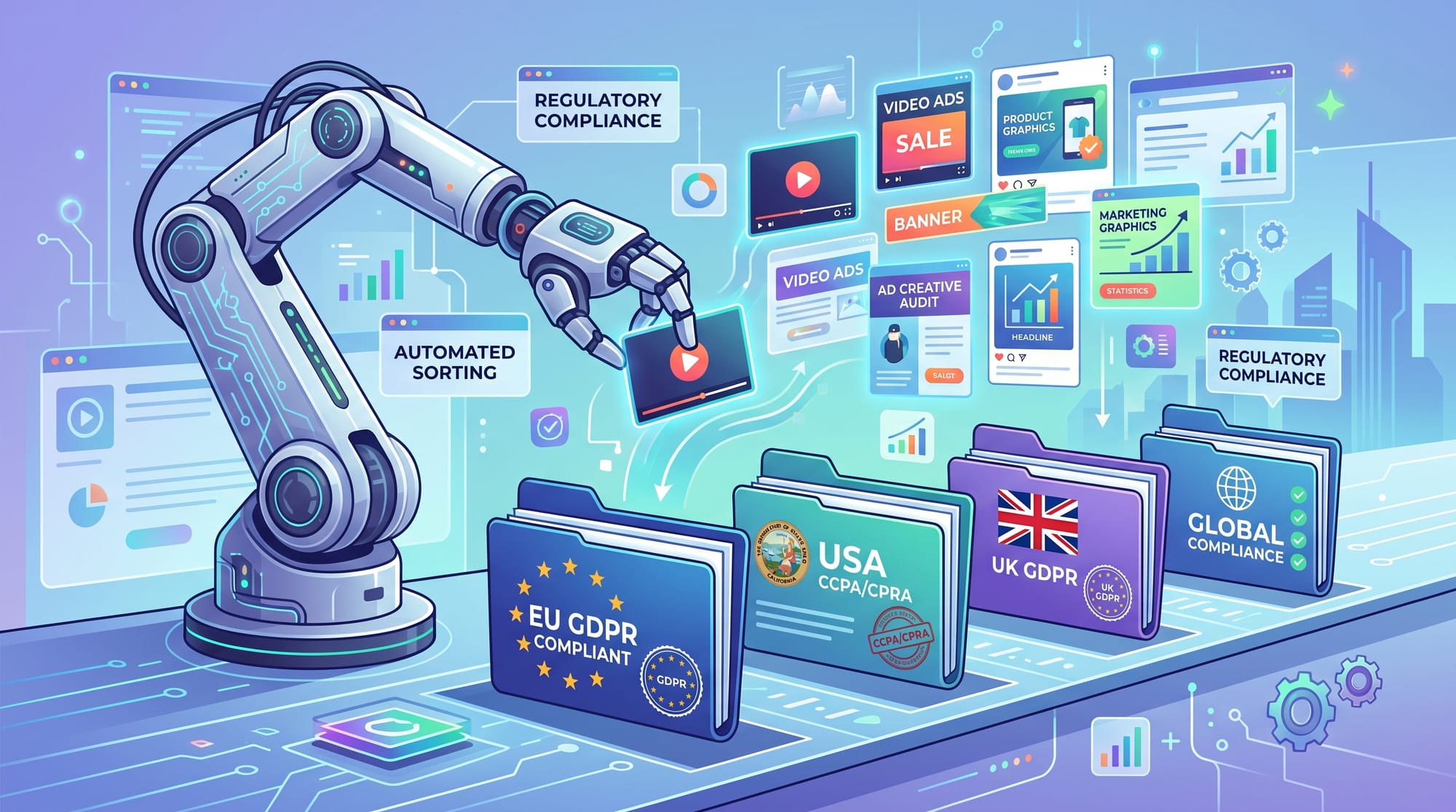 A modern B2B SaaS illustration showing a robotic AI arm seamlessly sorting digital ad creatives into