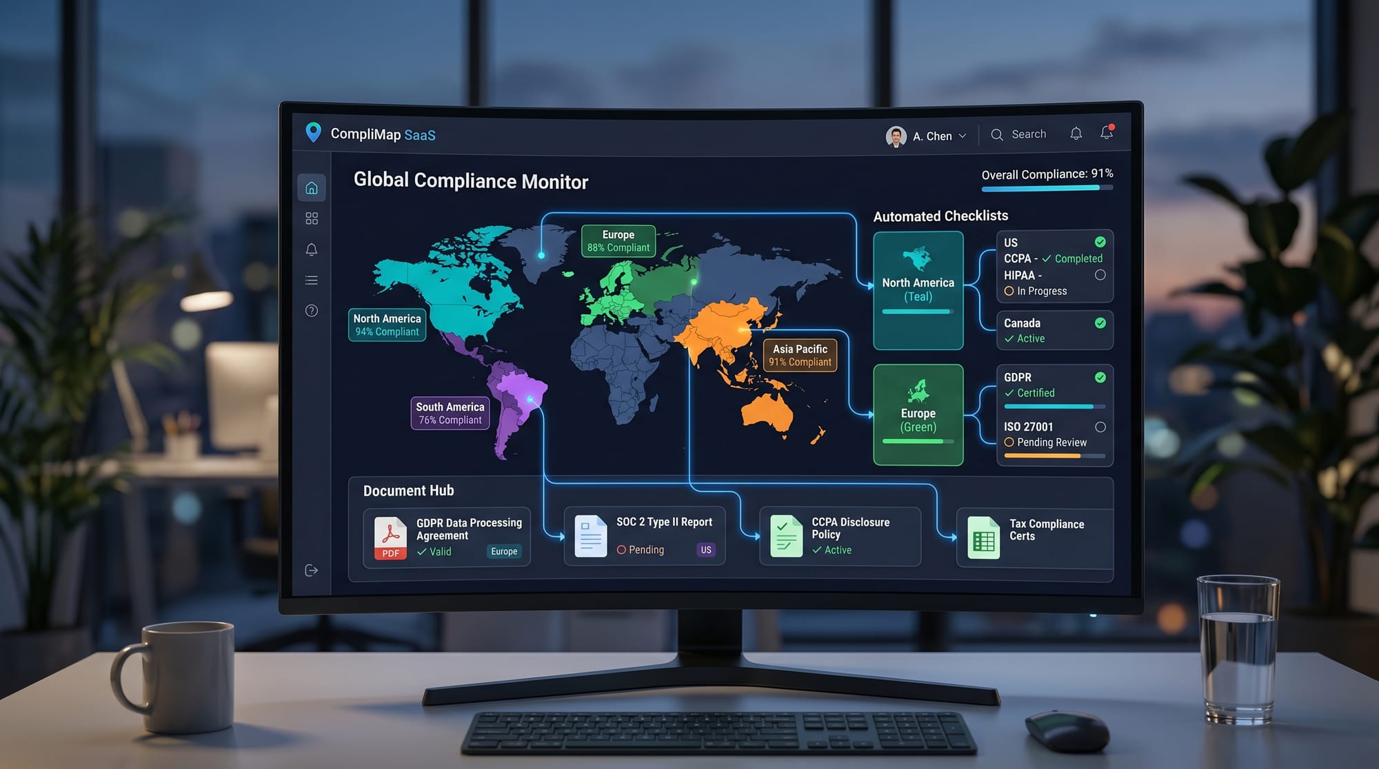 A sleek B2B SaaS illustration of a digital dashboard displaying a world map, with different regions 