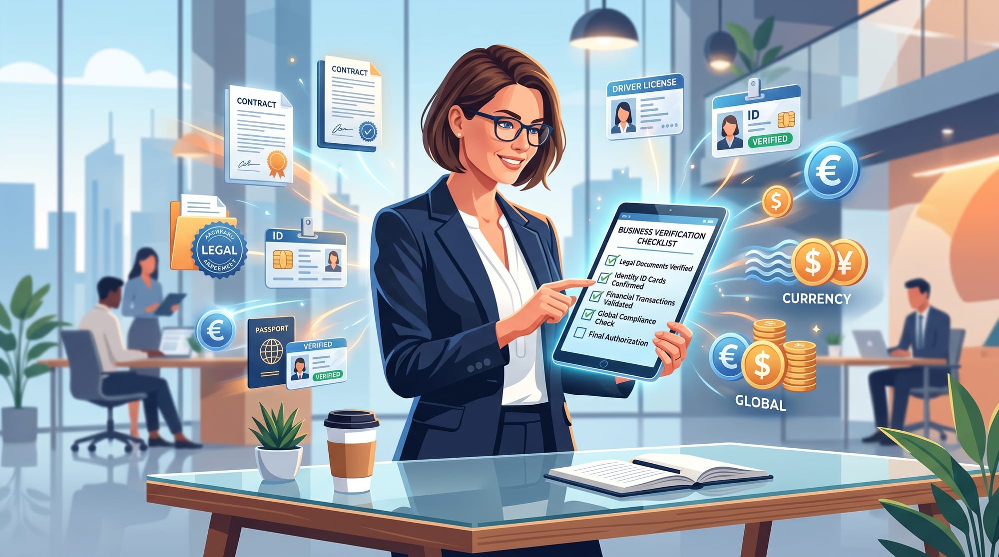 A sleek, modern B2B illustration of a person reviewing a digital checklist on a tablet, with icons r