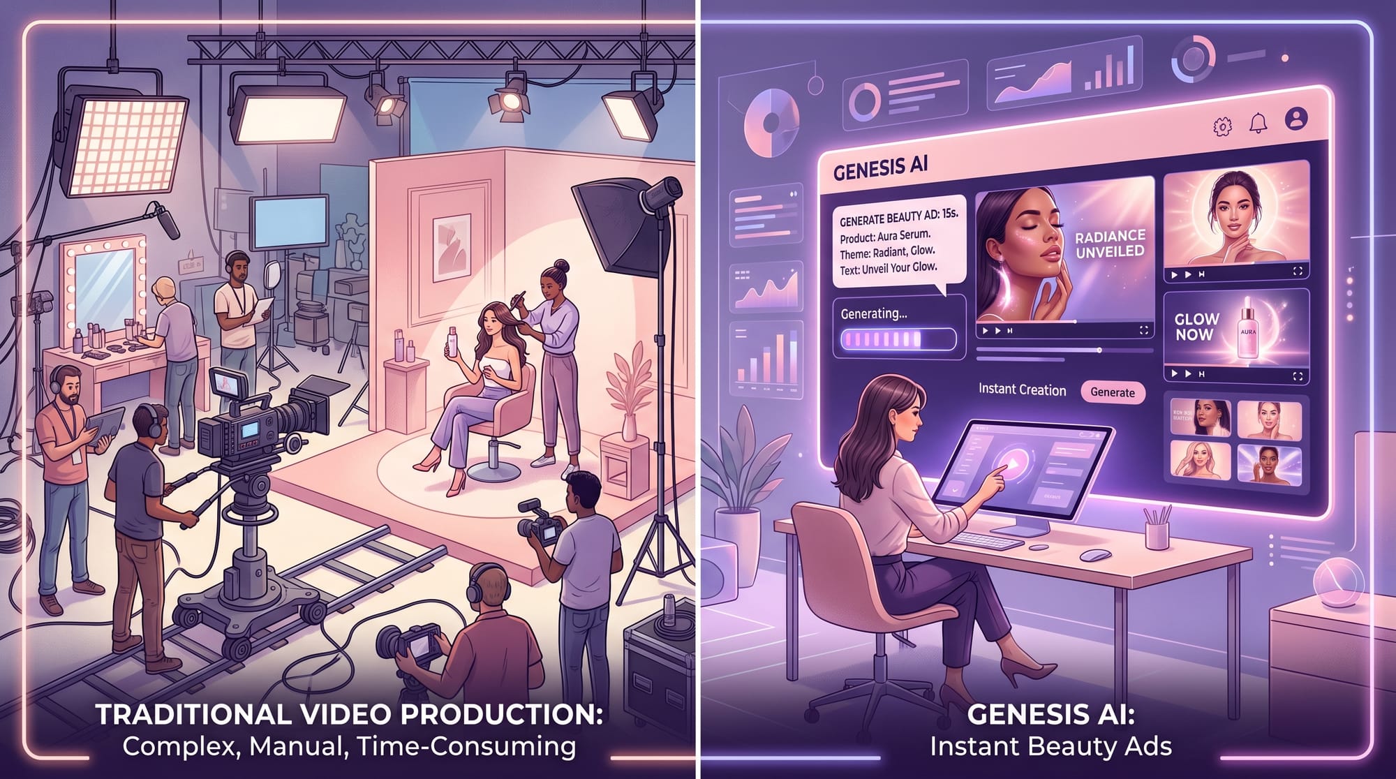 A split-screen illustration showing a traditional, slow video production set on the left with camera