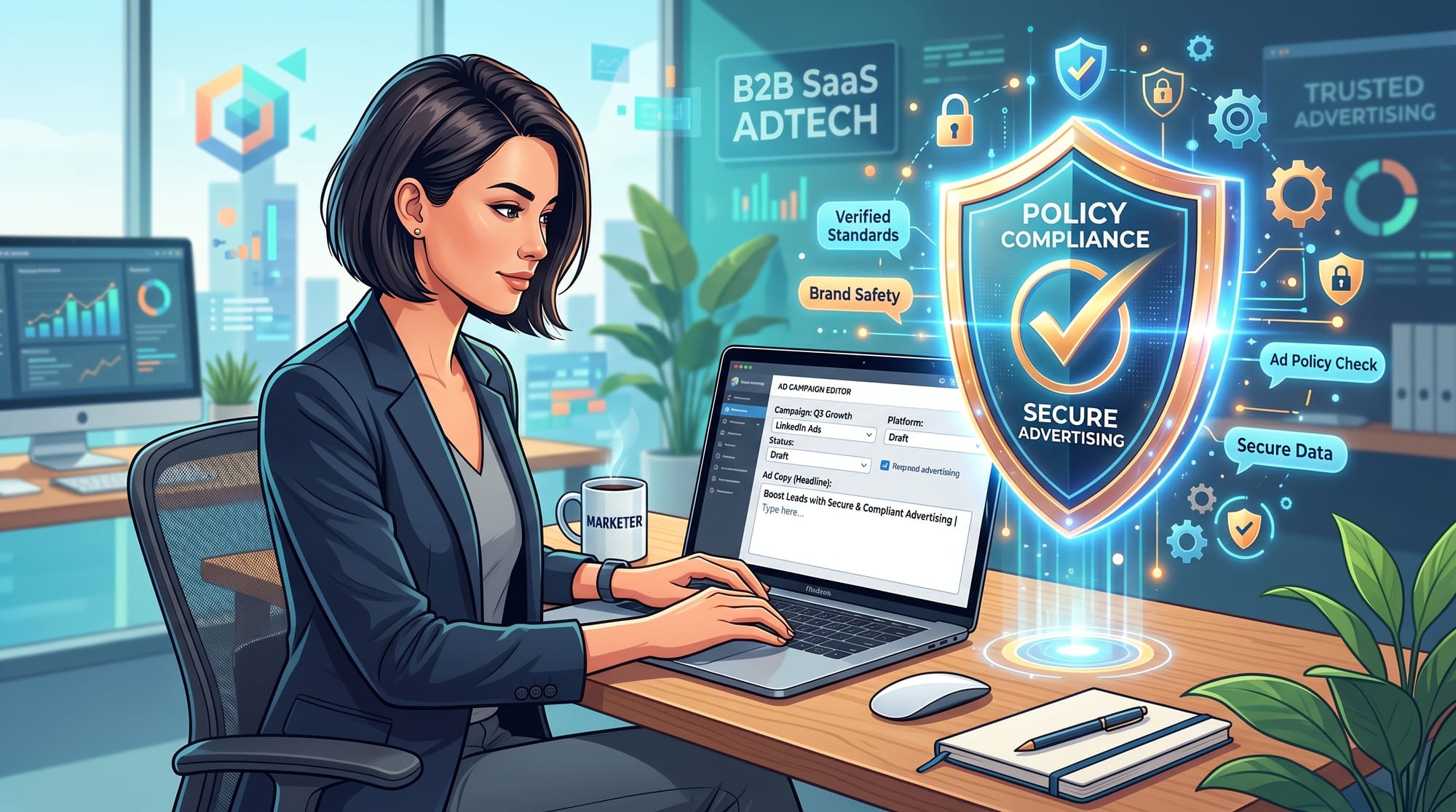 A professional B2B SaaS illustration showing a marketer typing ad copy on a laptop, with a glowing s