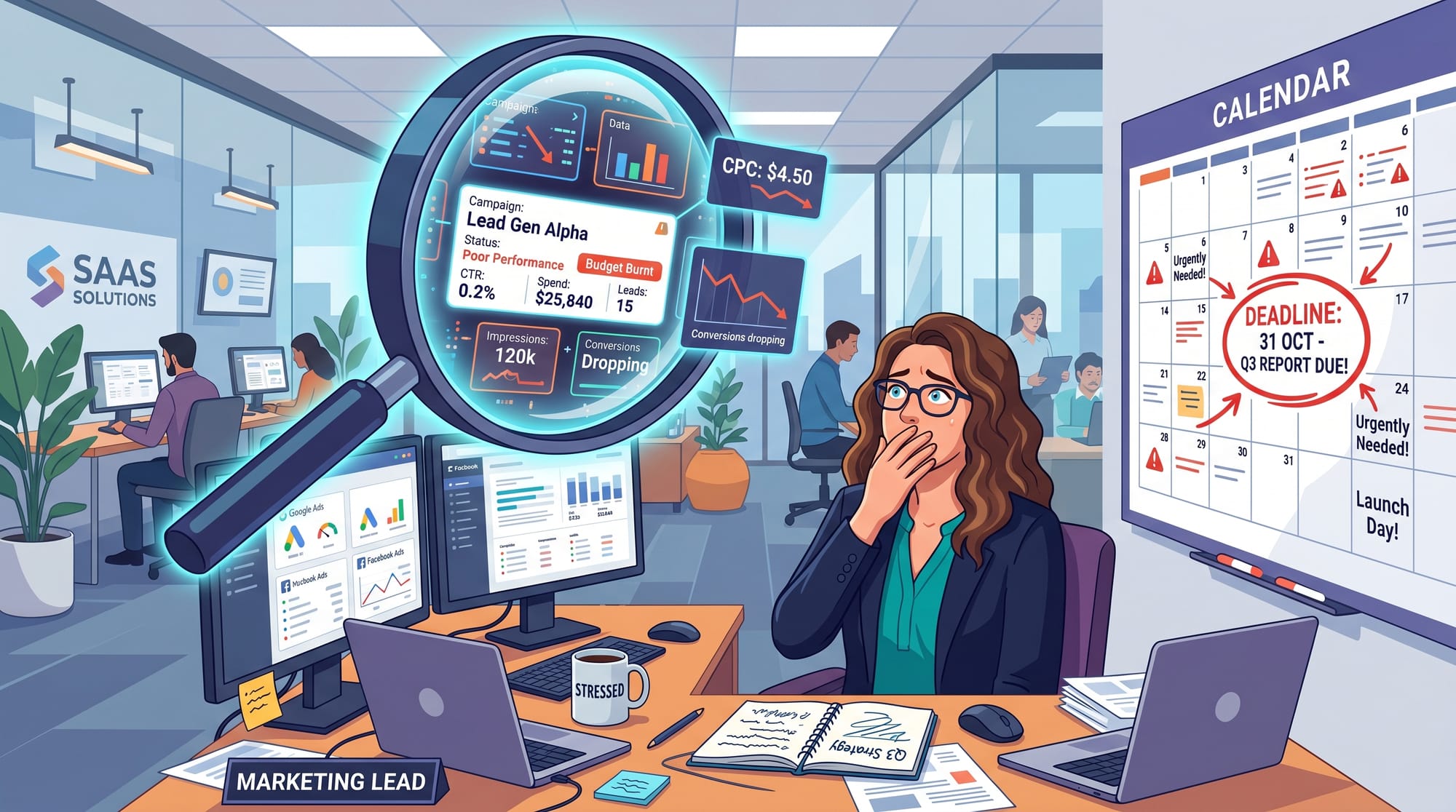 Professional B2B SaaS illustration of a stressed marketer looking at a giant magnifying glass hoveri