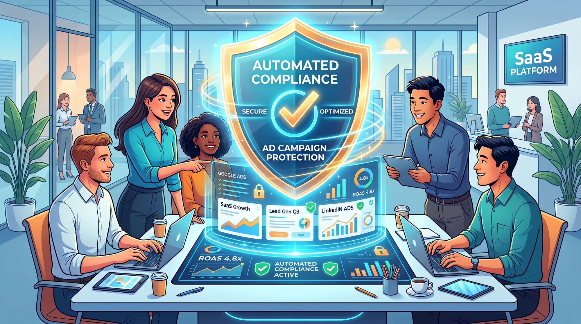 Professional B2B SaaS illustration of a team collaborating smoothly around a glowing protective shie