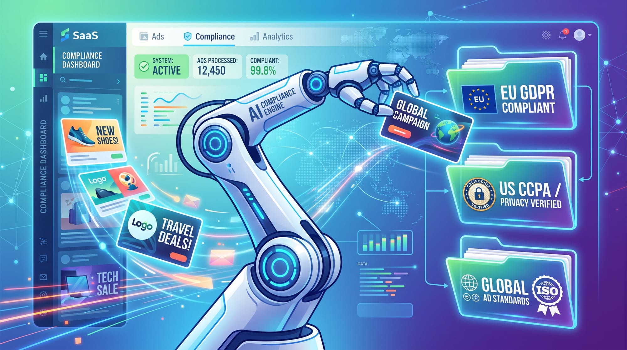 A modern B2B SaaS illustration showing a robotic AI arm seamlessly sorting digital ad creatives into