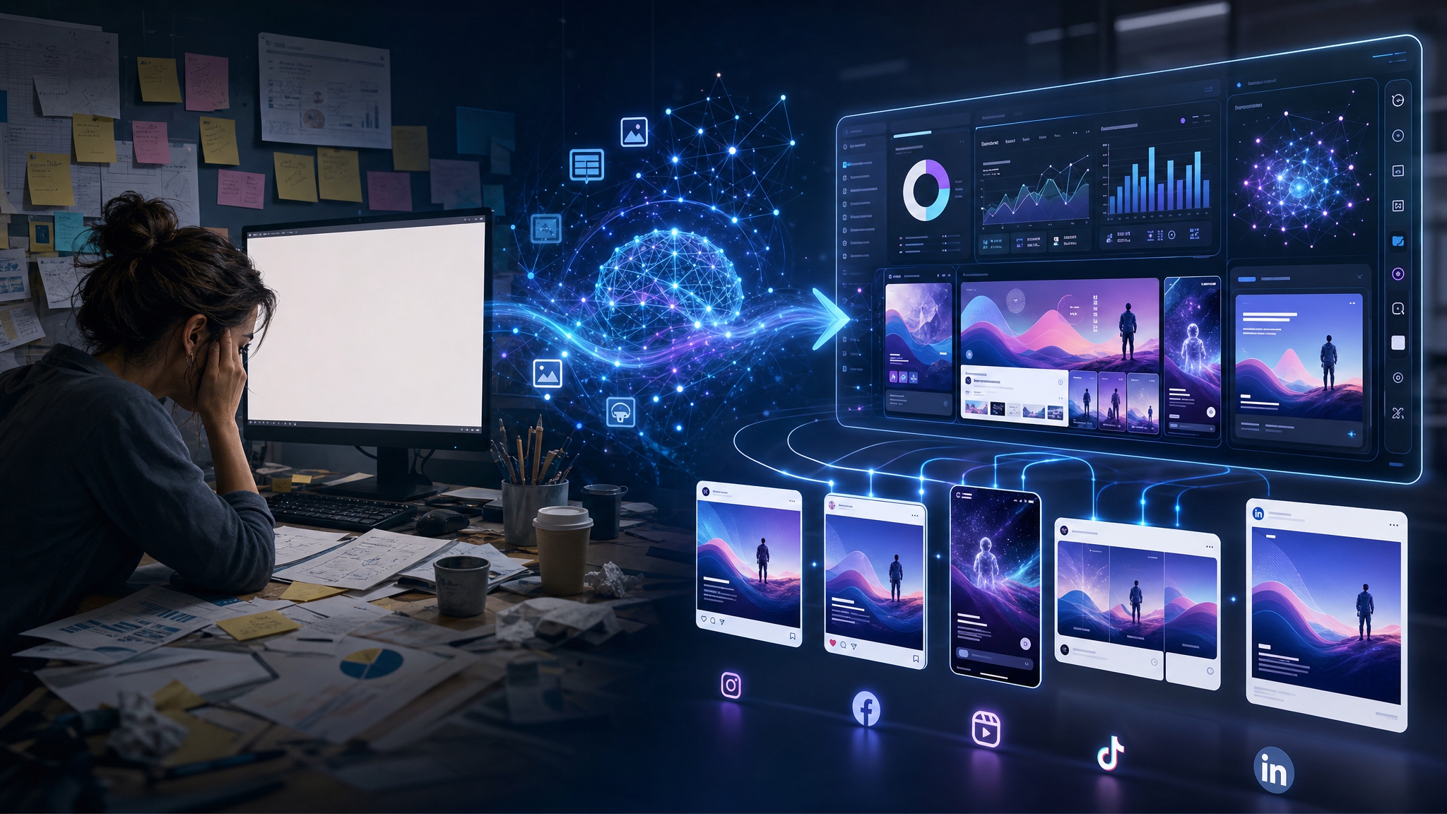 A professional B2B SaaS illustration showing a marketer transitioning from a chaotic, cluttered desk