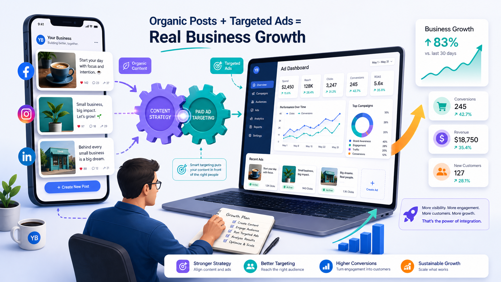 A vibrant B2B SaaS style illustration showing a small business owner seamlessly blending organic soc