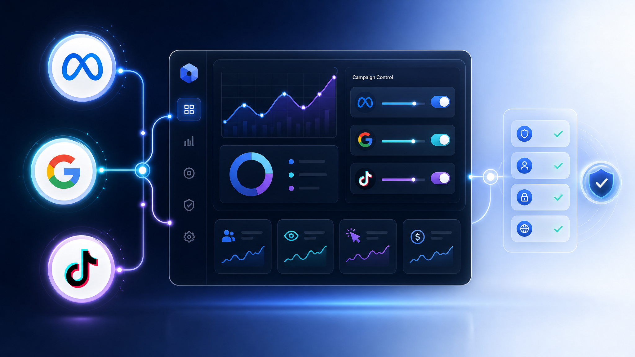 A sleek B2B SaaS illustration of a modern dashboard showing different social media platform logos (M
