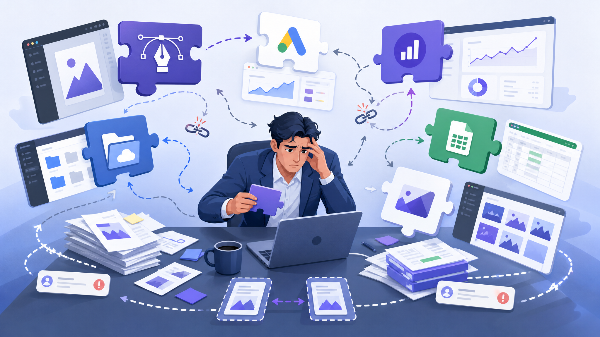 A sleek B2B SaaS illustration of a fragmented workflow, showing a user trying to piece together puzz