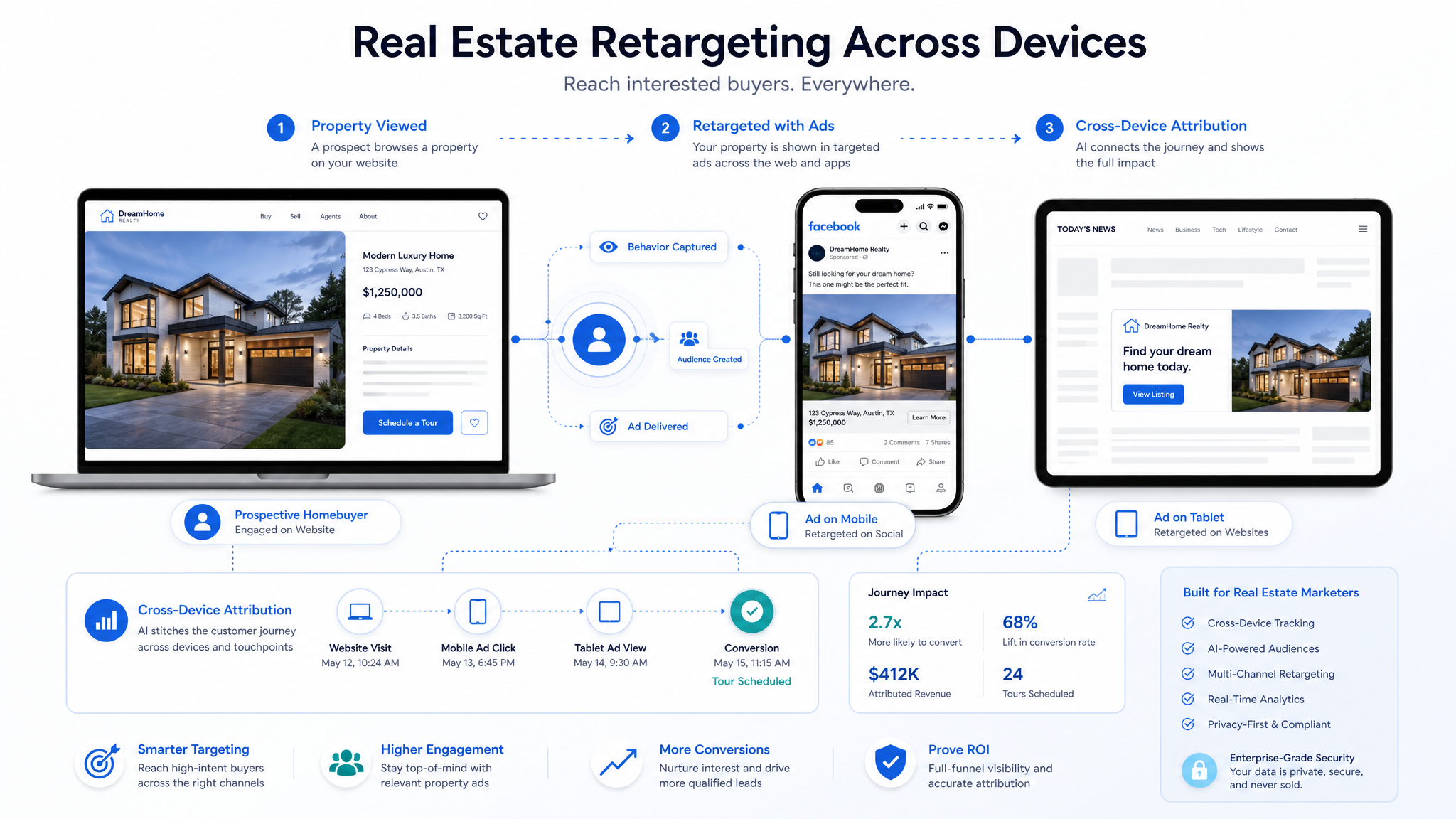 A professional B2B SaaS illustration showing a user journey funnel where a prospective homebuyer vie