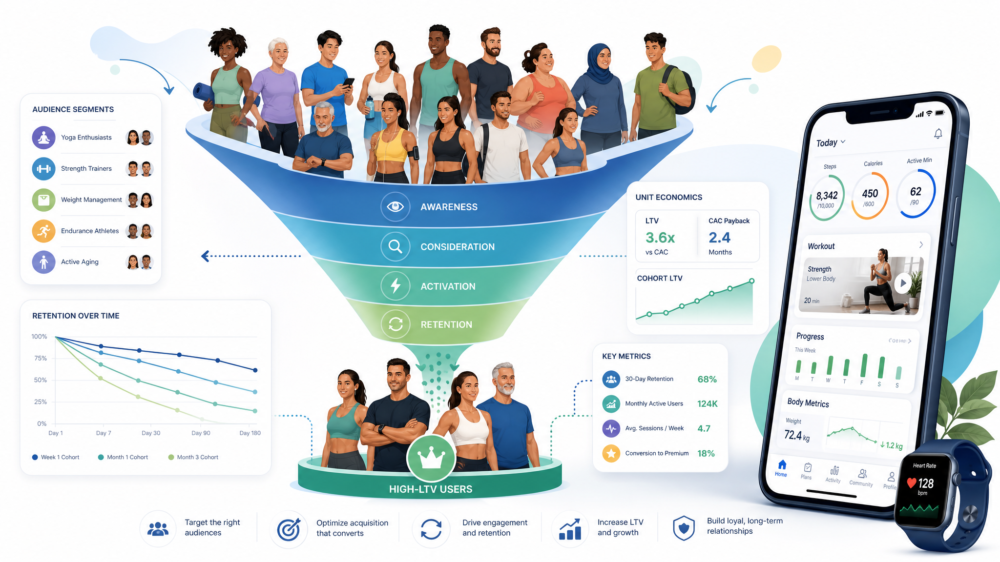 A professional B2B SaaS illustration depicting a target audience funnel, filtering diverse health-co