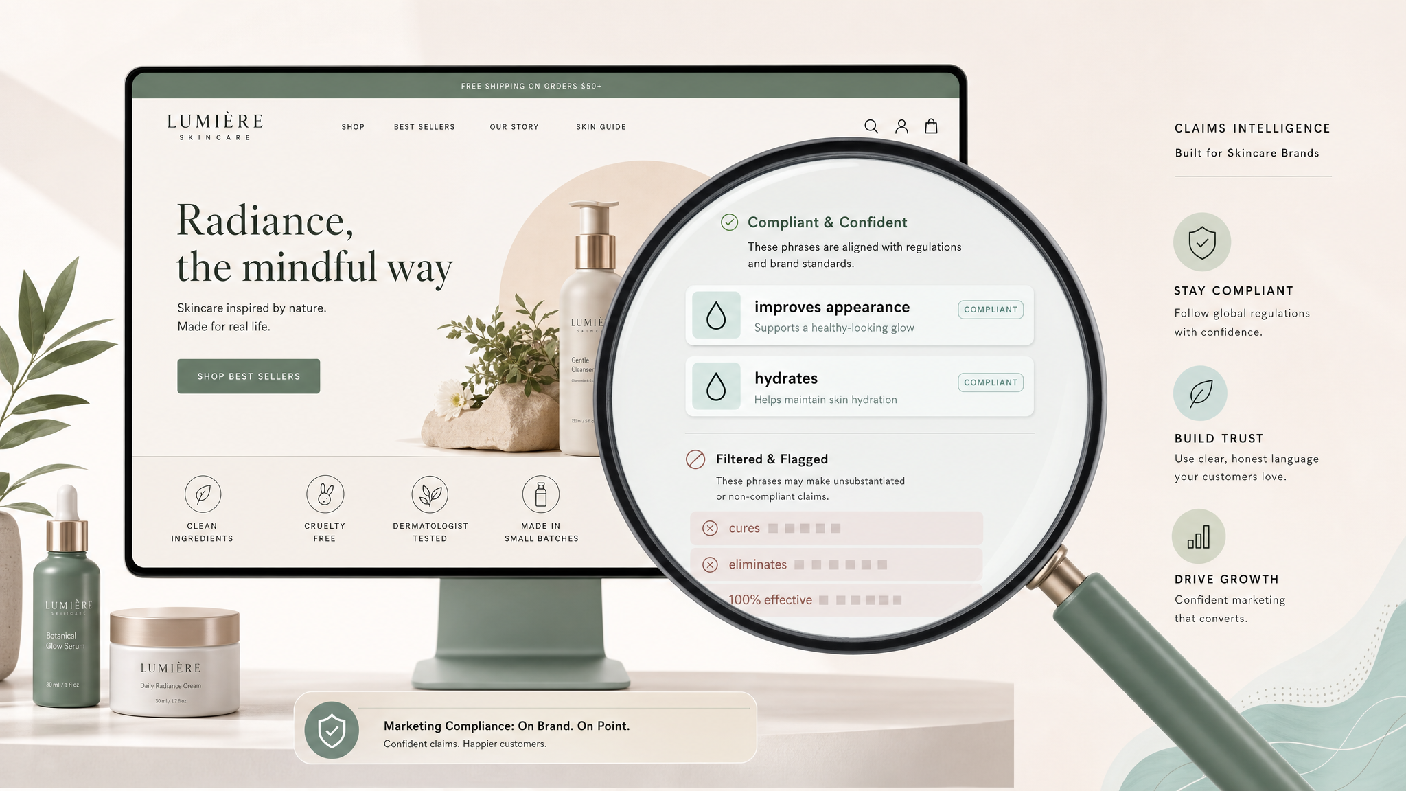 A stylized illustration of a skincare landing page being scanned by a magnifying glass that highligh