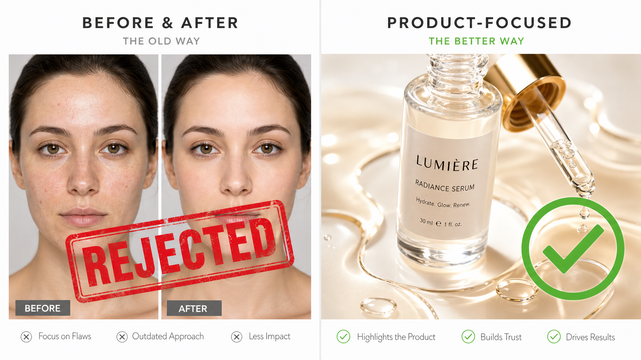 A split-screen illustration showing a red 'rejected' stamp over a traditional side-by-side before-an