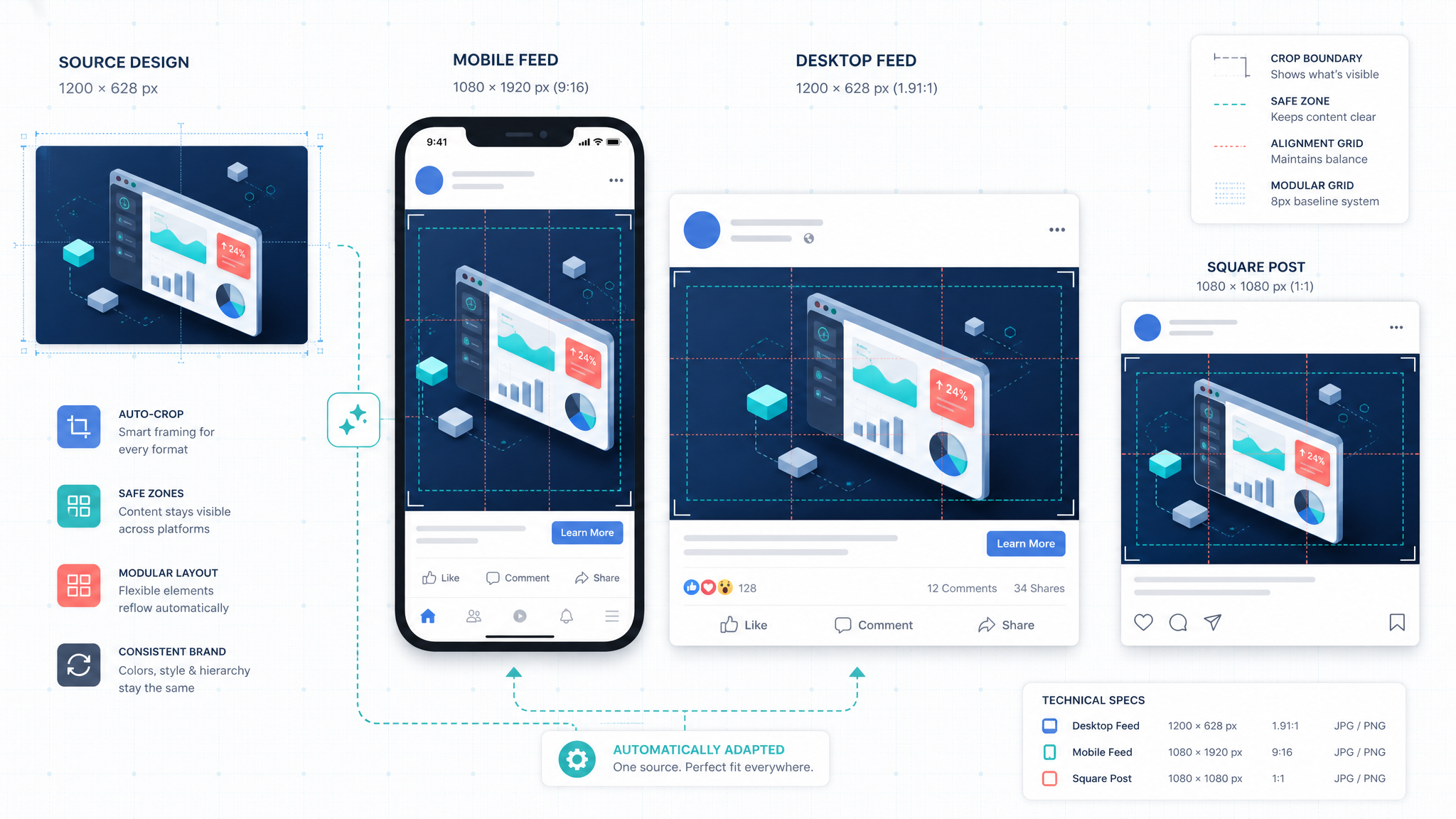 A professional B2B SaaS illustration showing various ad formats (mobile phone screen, desktop feed, 
