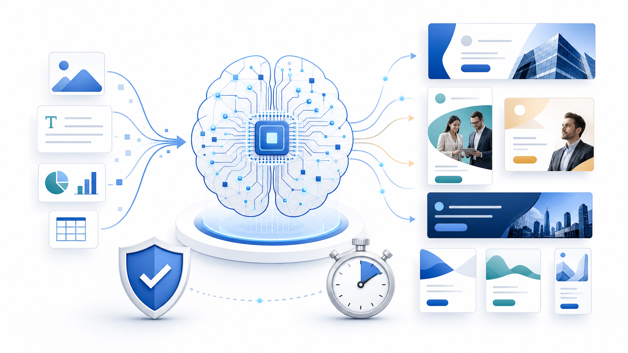A professional B2B SaaS illustration depicting an AI brain seamlessly generating ad variations, with