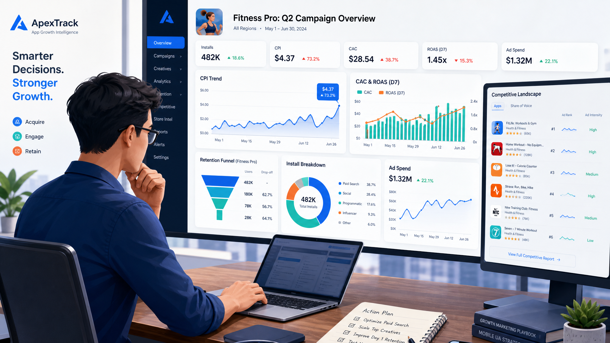 A professional B2B SaaS illustration showing a marketer analyzing a dashboard with fitness app metri