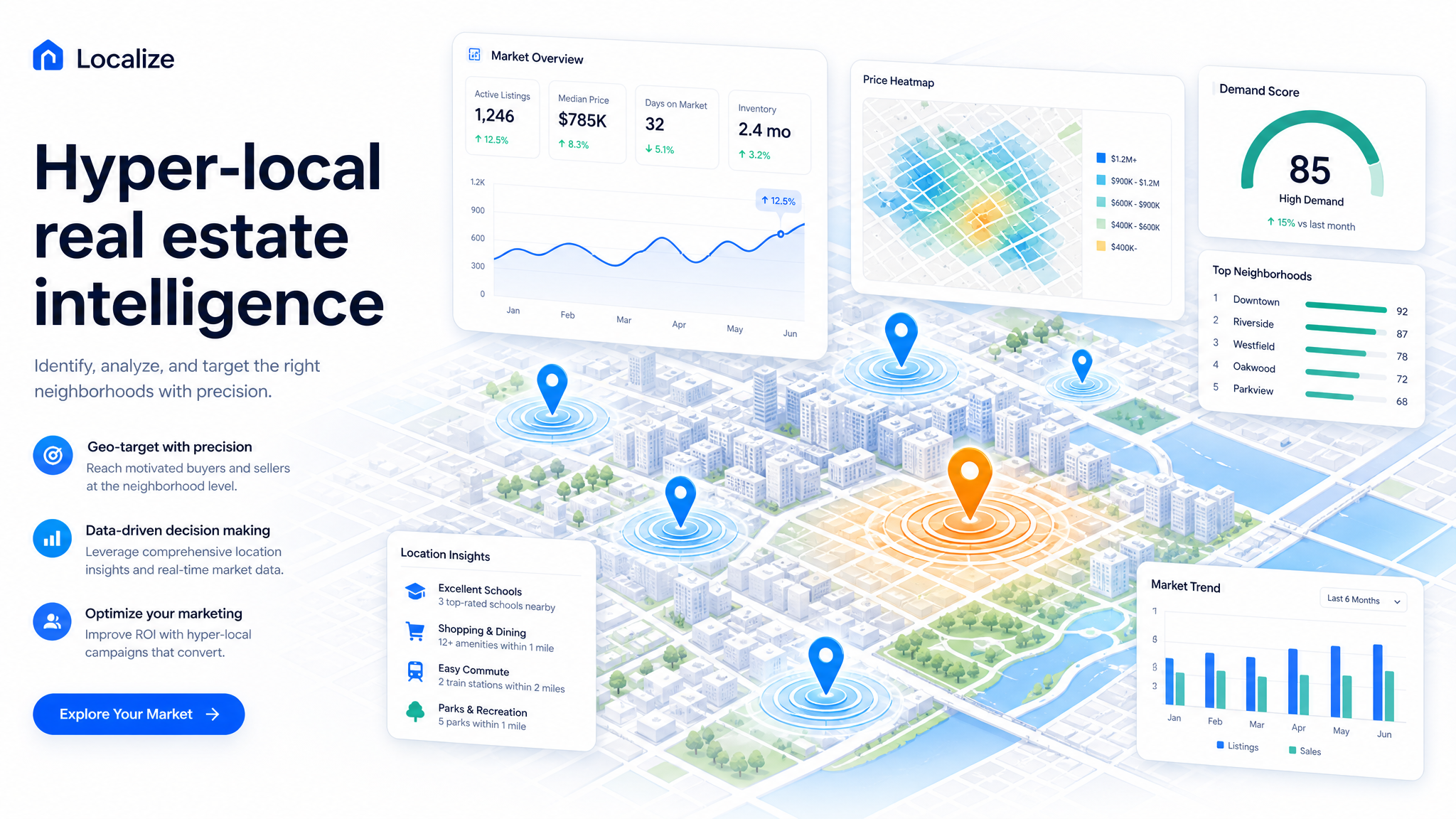 A professional B2B SaaS illustration showing a digital map with glowing pin drops and target radii r